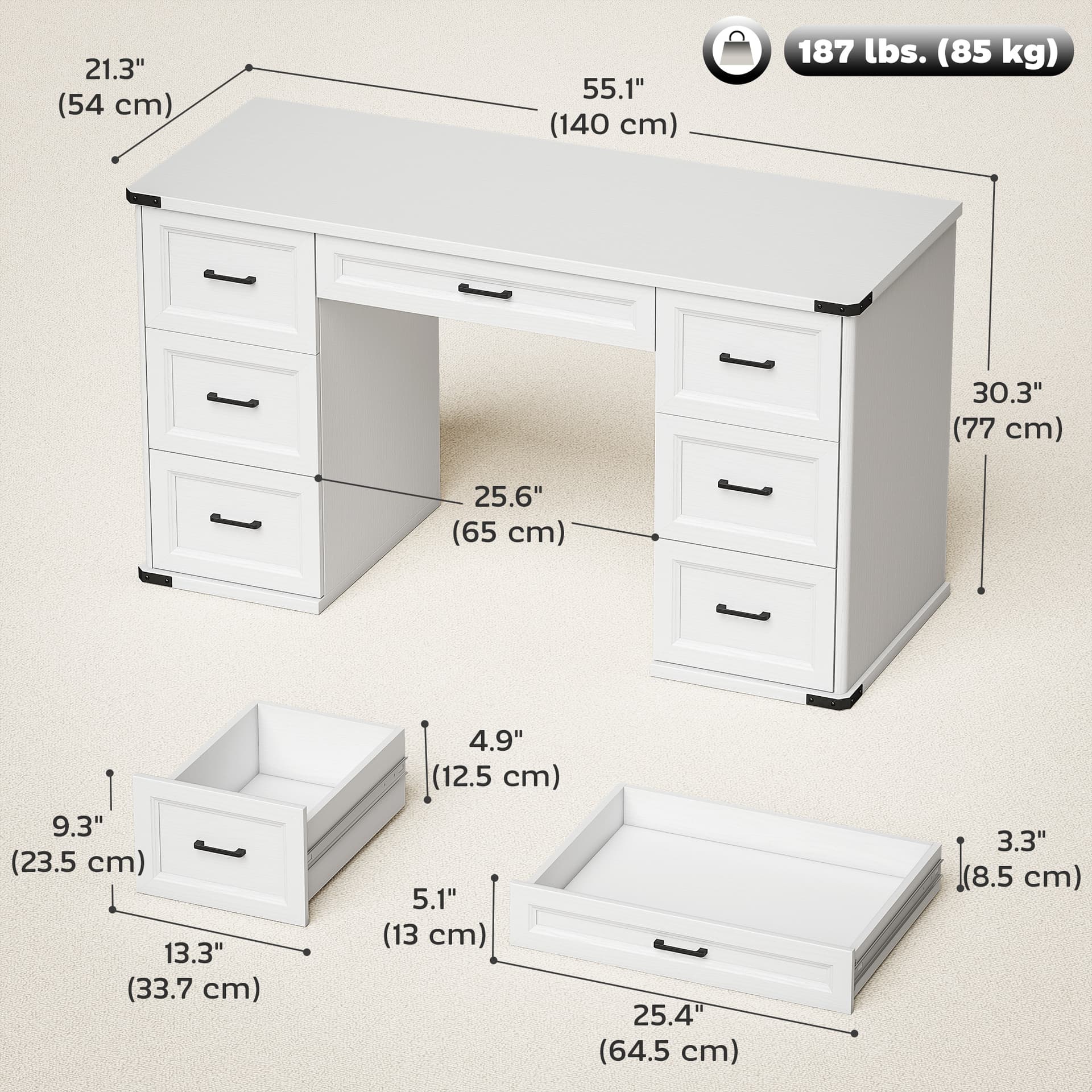 55" Computer Desk with 7 Drawers, Farmhouse Executive Desk for Home Office, Study, Bedroom, White Wood Grain