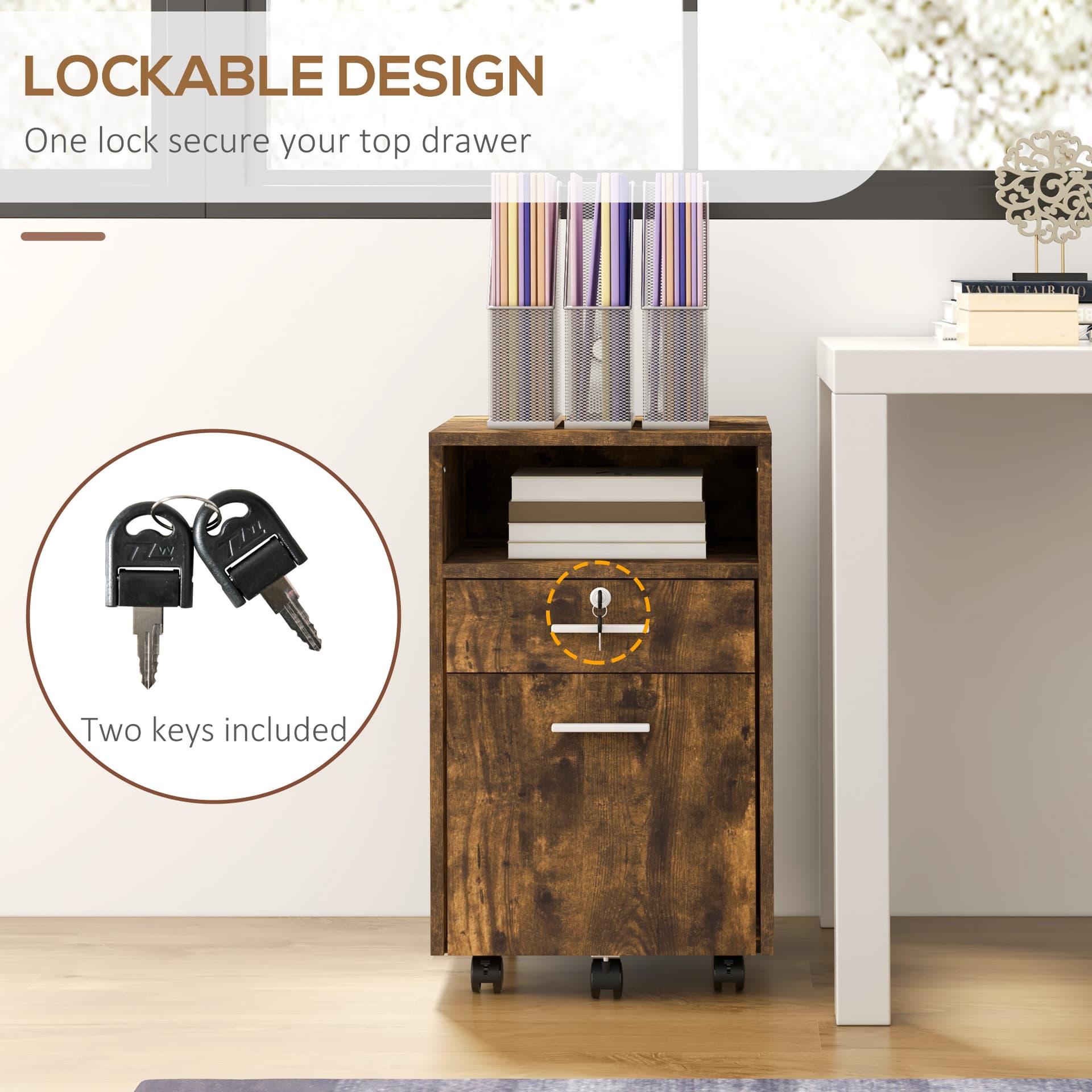 Small Filing Cabinet with 2 Drawers, Lockable Home Office Storage Cabinets on Wheels for A4, Letter Size, Rustic Brown