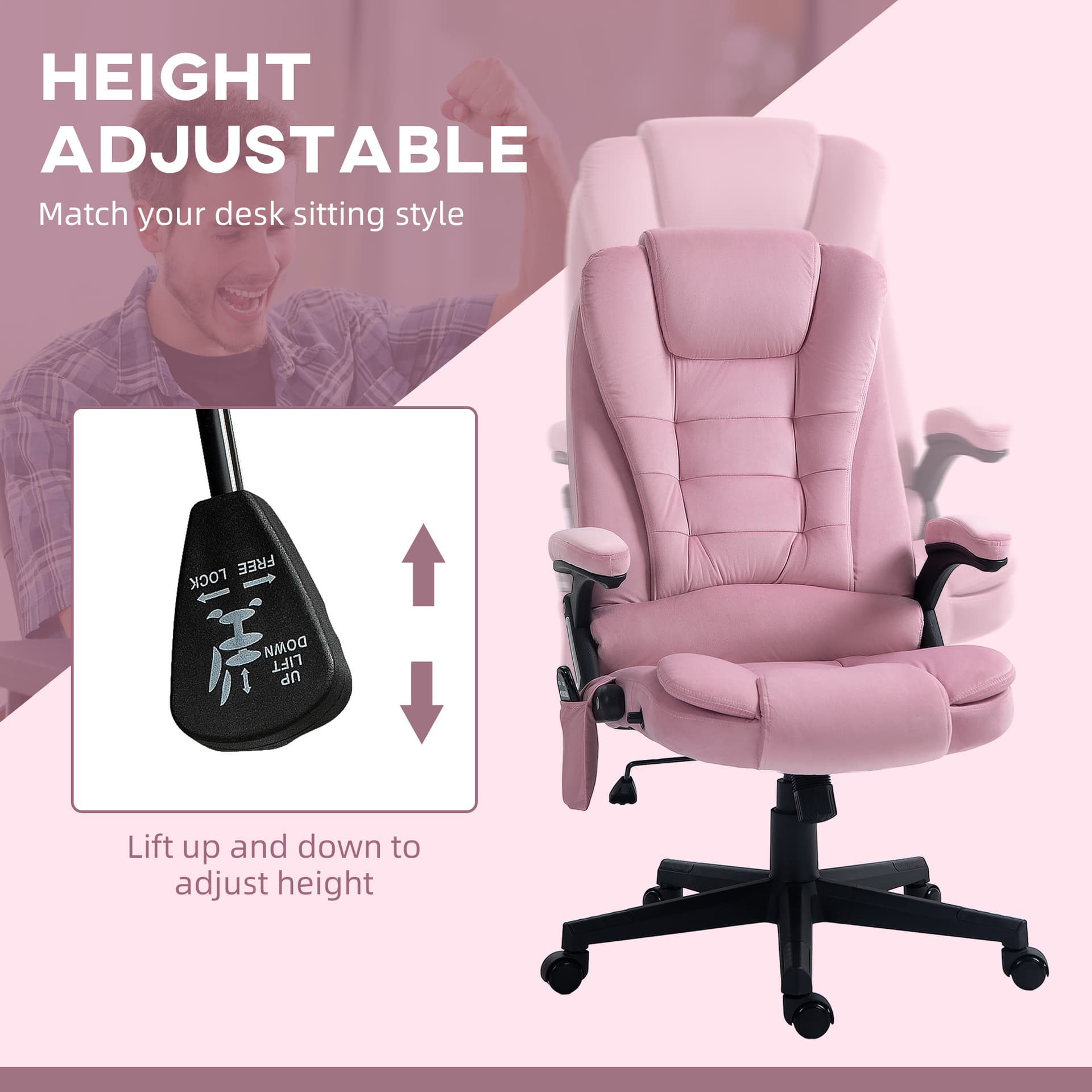 Reclining Massage Office Chair, Executive Office Chair with High Back, Swivel Wheels, Pink