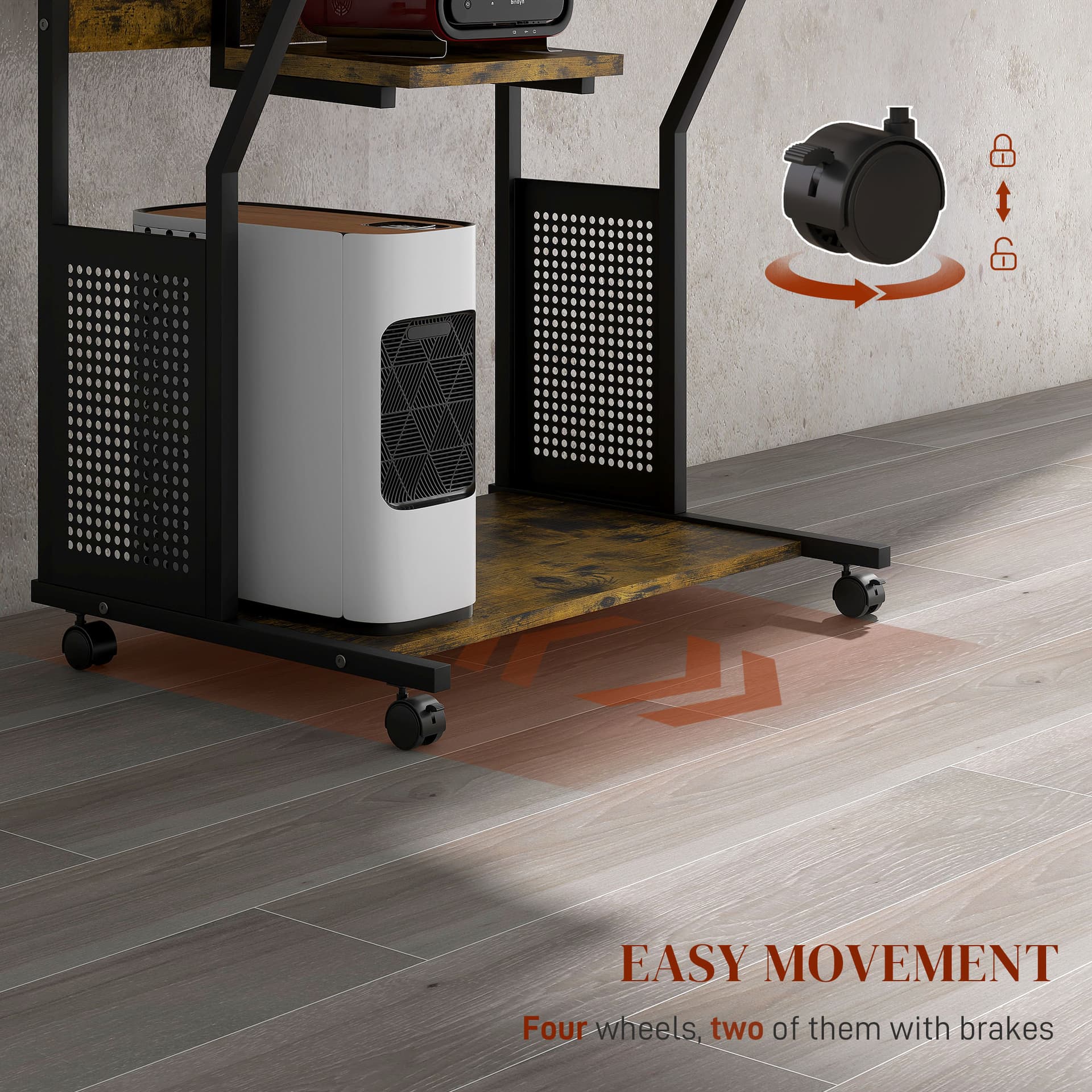 32" Mobile Computer Table, Rolling Study Desk for Home Office with Keyboard Tray, Storage Shelves, Wheels, Rustic Brown