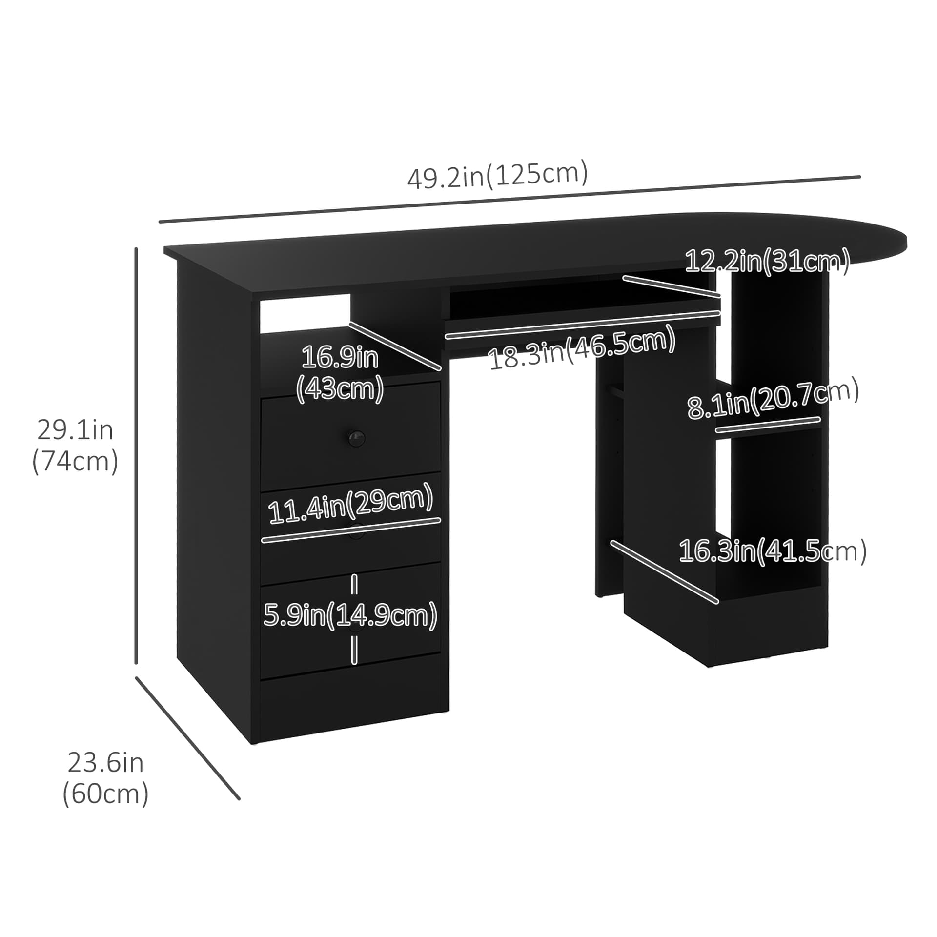 Computer Desk with Storage, Home Office Laptop Table with Shelves and Drawers, Modern Workstation Desk with Keyboard Tray for Study, Living Room, Black