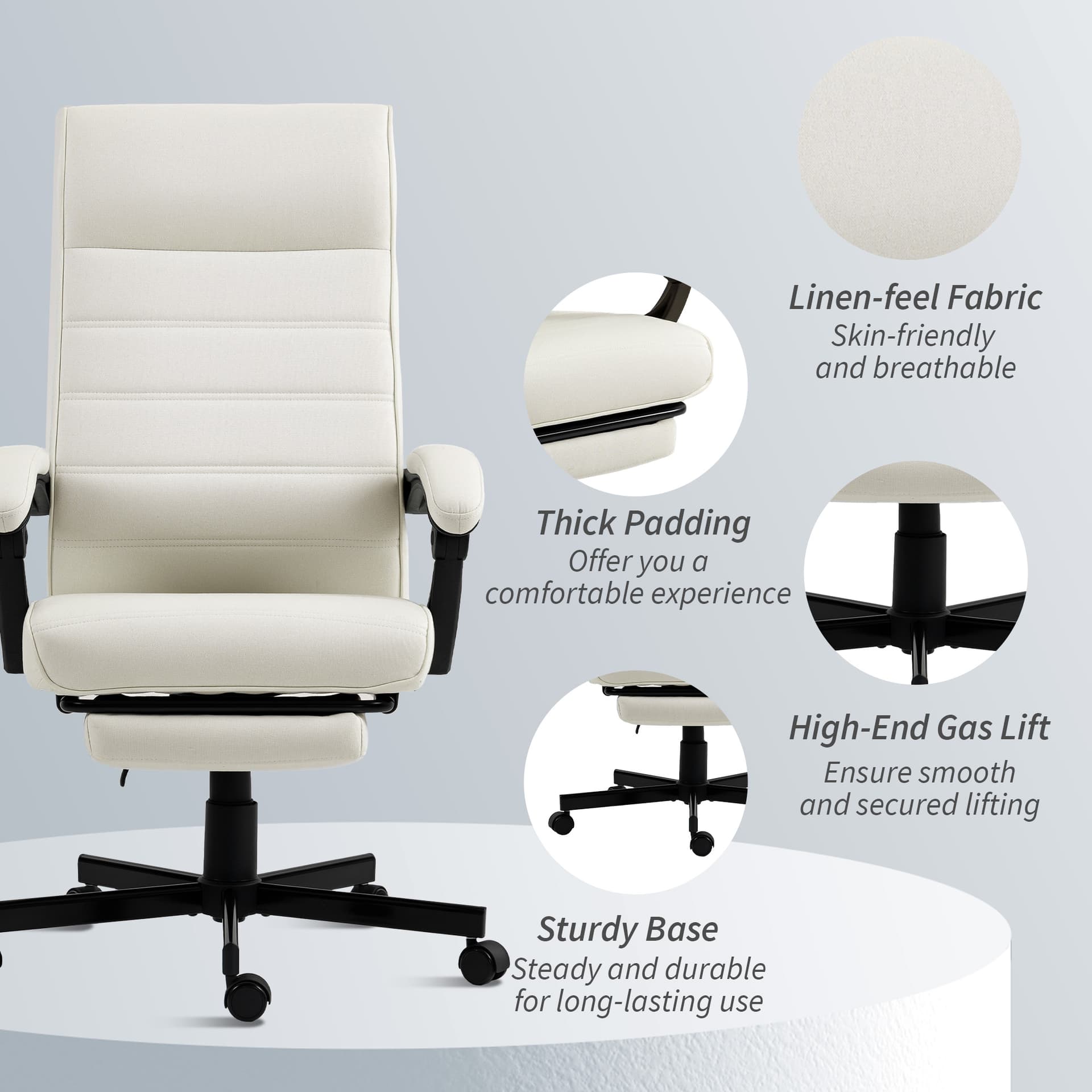 Office Chair, High Back Desk Chair, Swivel Recliner with Adjustable Height, Footrest and Padded Armrest, Cream White