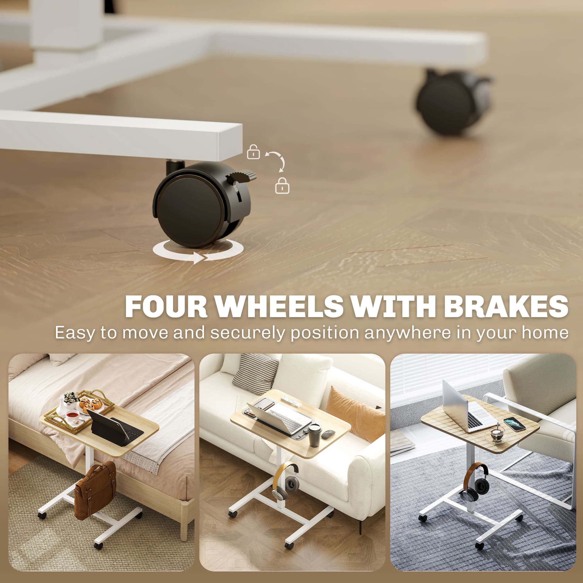 Height Adjustable Standing Desk, Pneumatic Sit Stand Desk with Wheels and Headphone Hook for Home Office, Natural