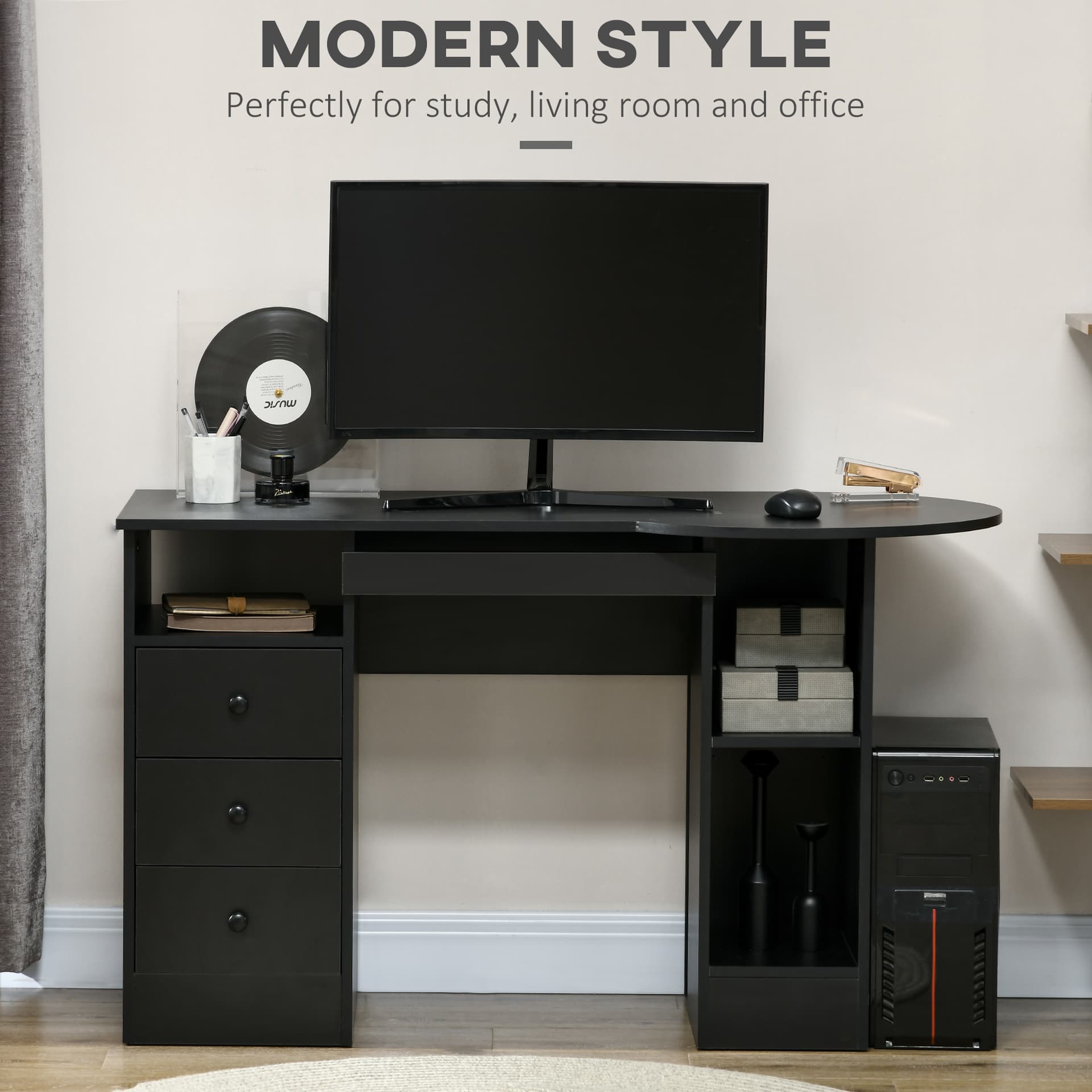 Computer Desk with Storage, Home Office Laptop Table with Shelves and Drawers, Modern Workstation Desk with Keyboard Tray for Study, Living Room, Black