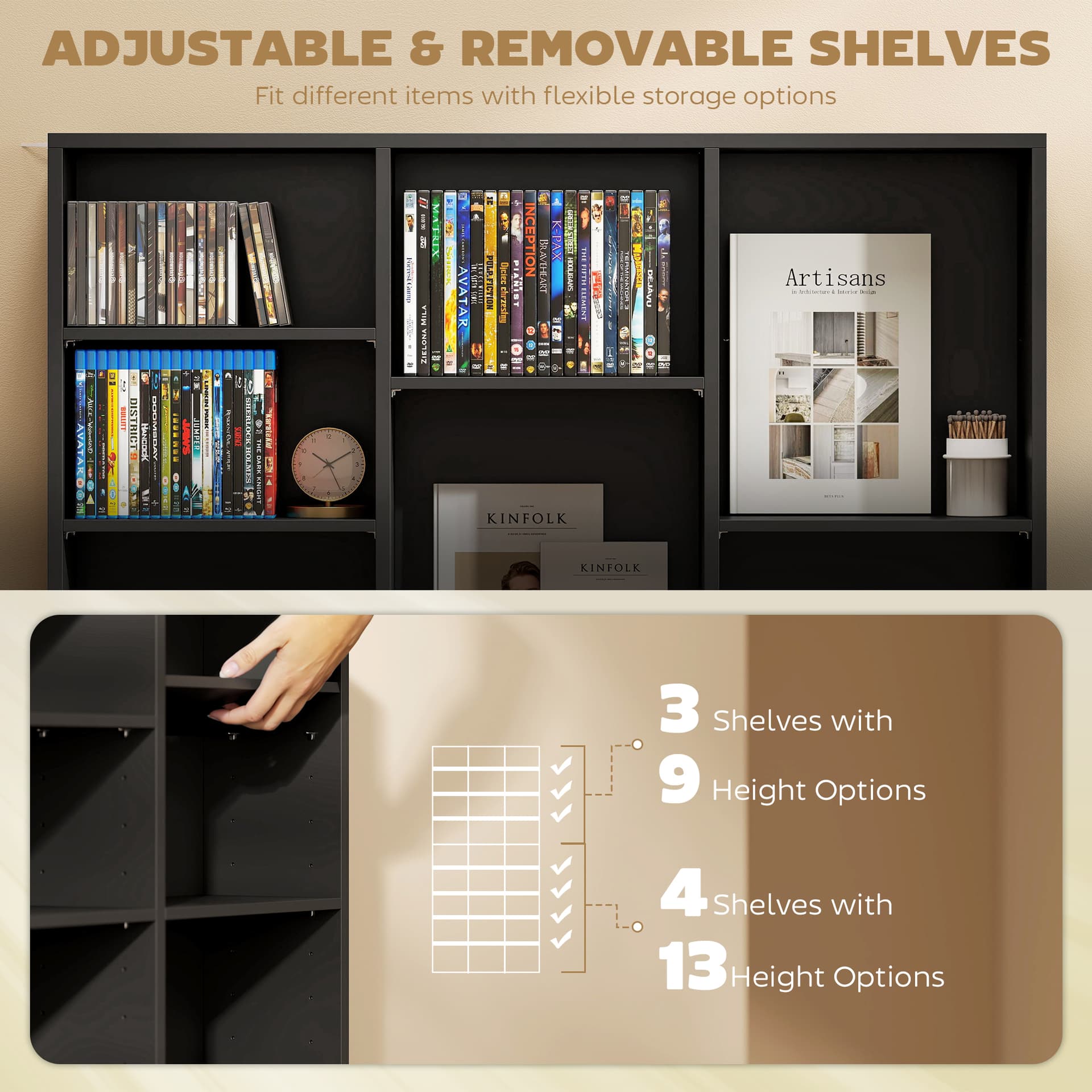 Media Storage Cabinet, 9-Tier DVD Shelf with 21 Adjustable Shelves, Holds 835 CDs, 500 DVDs or 640 Blu-rays, Black