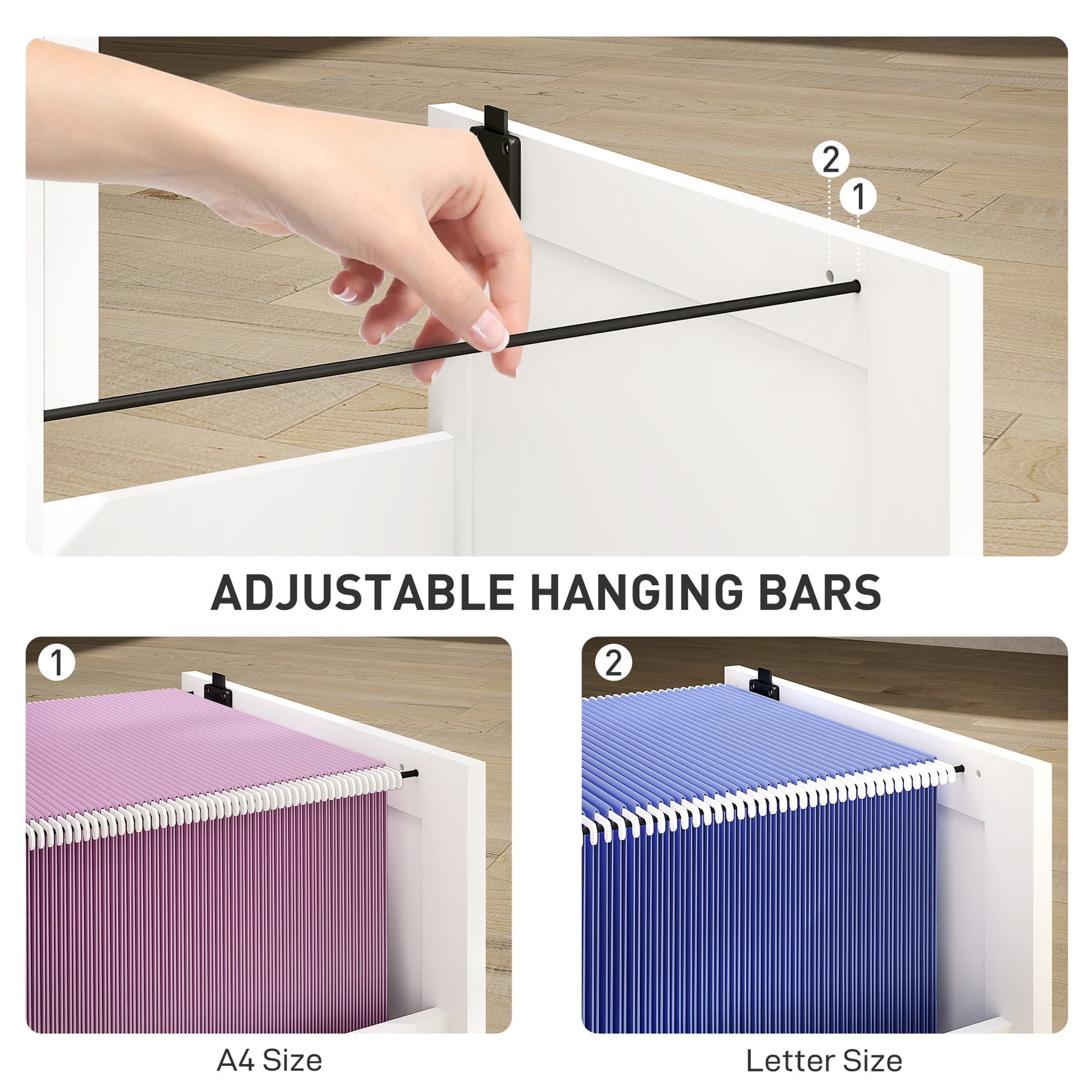 2 Drawer Filing Cabinet with Lock, Office Storage Cabinet with Adjustable Hanging Bars for A4 Letter Size Files, White