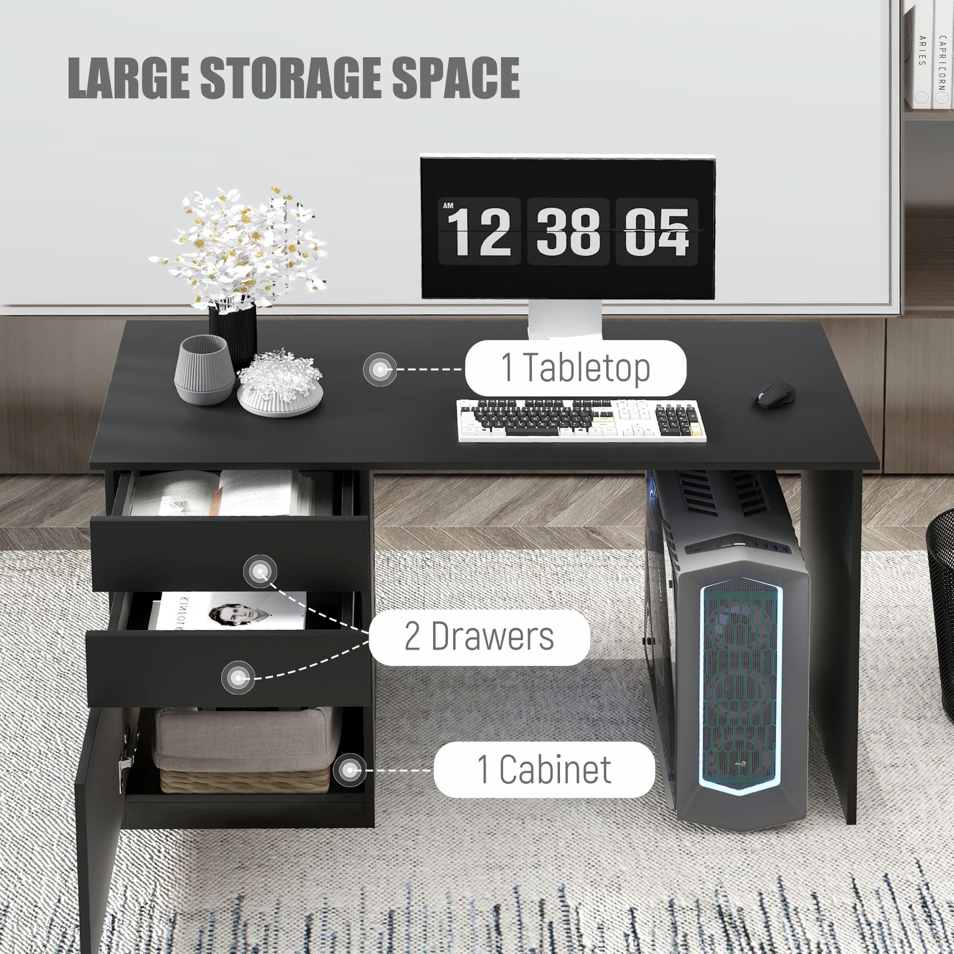 Computer Desk with Storage, PC Table with Drawers and Cabinet for Home Office, Study Room, Black