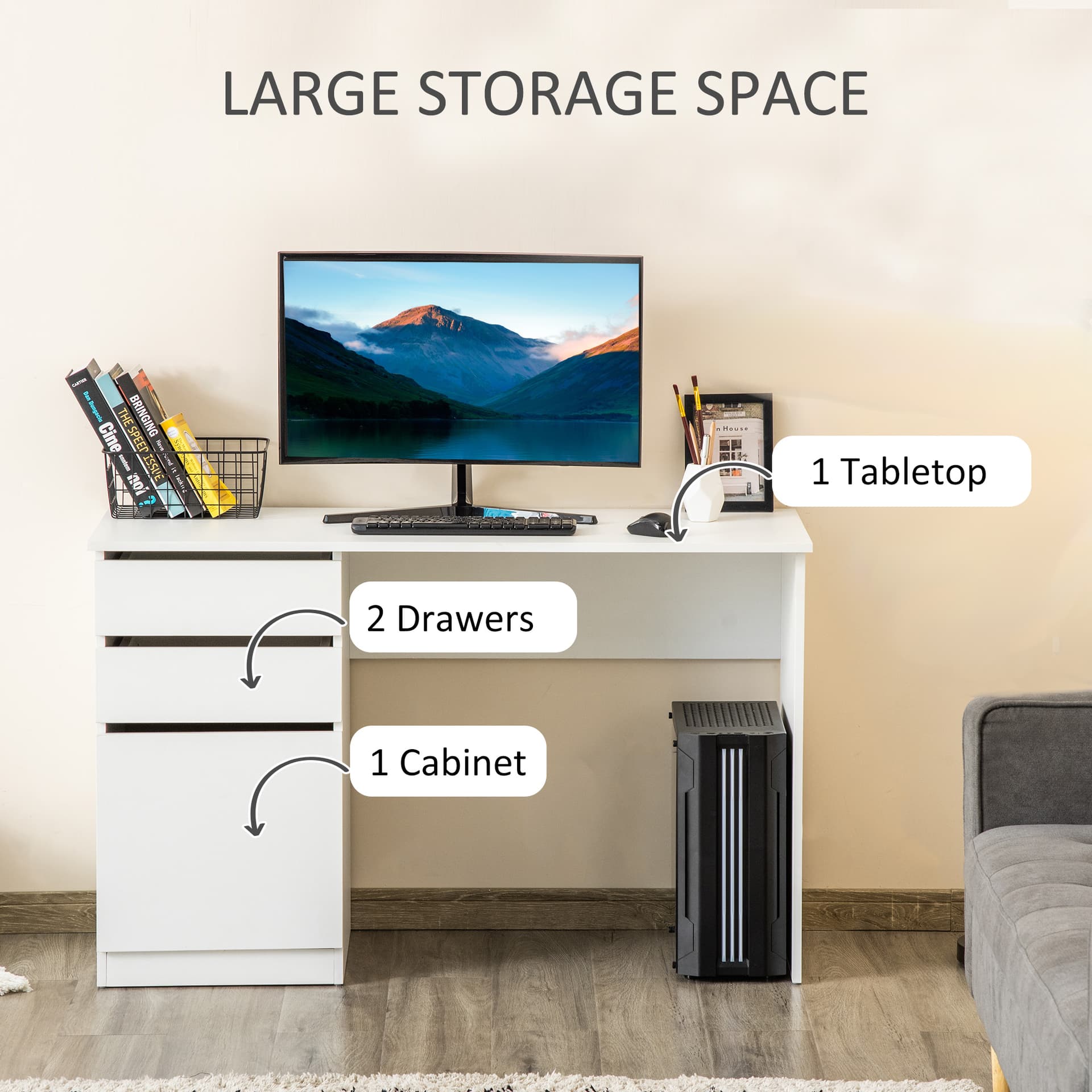 Modern Computer Desk, Home Office Desk for Study, Writing Workstation with Storage Drawer and Cabinet for Living Room, White