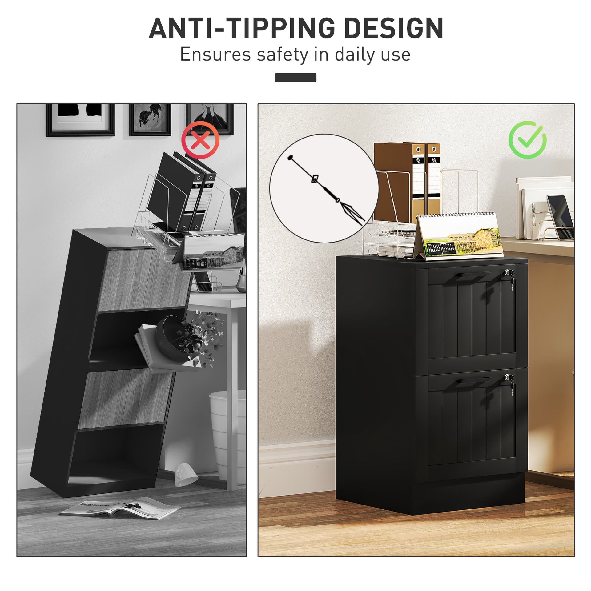 2 Drawer Filing Cabinet with Lock, Office Storage Cabinet with Adjustable Hanging Bars for A4 Letter Size Files, Black