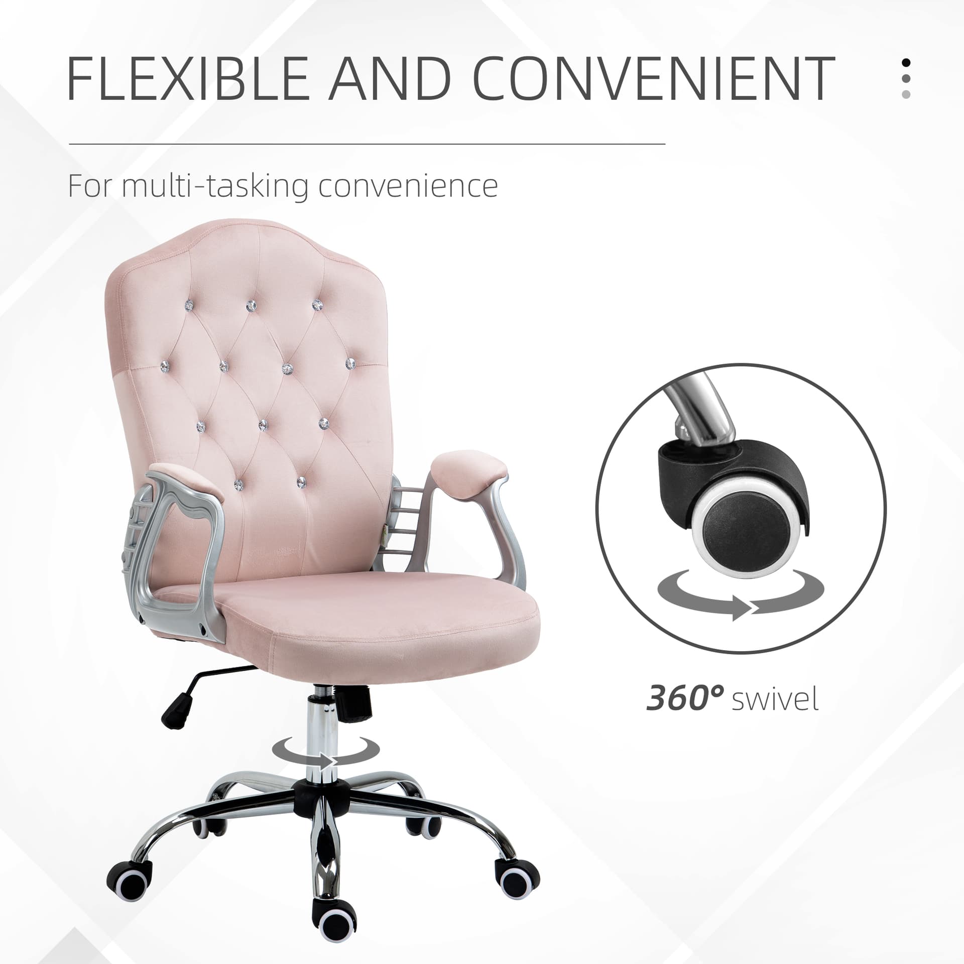 Office Chair, Velvet Computer Chair, Button Tufted Desk Chair with Swivel Wheels, Adjustable Height, Tilt Function, Pink