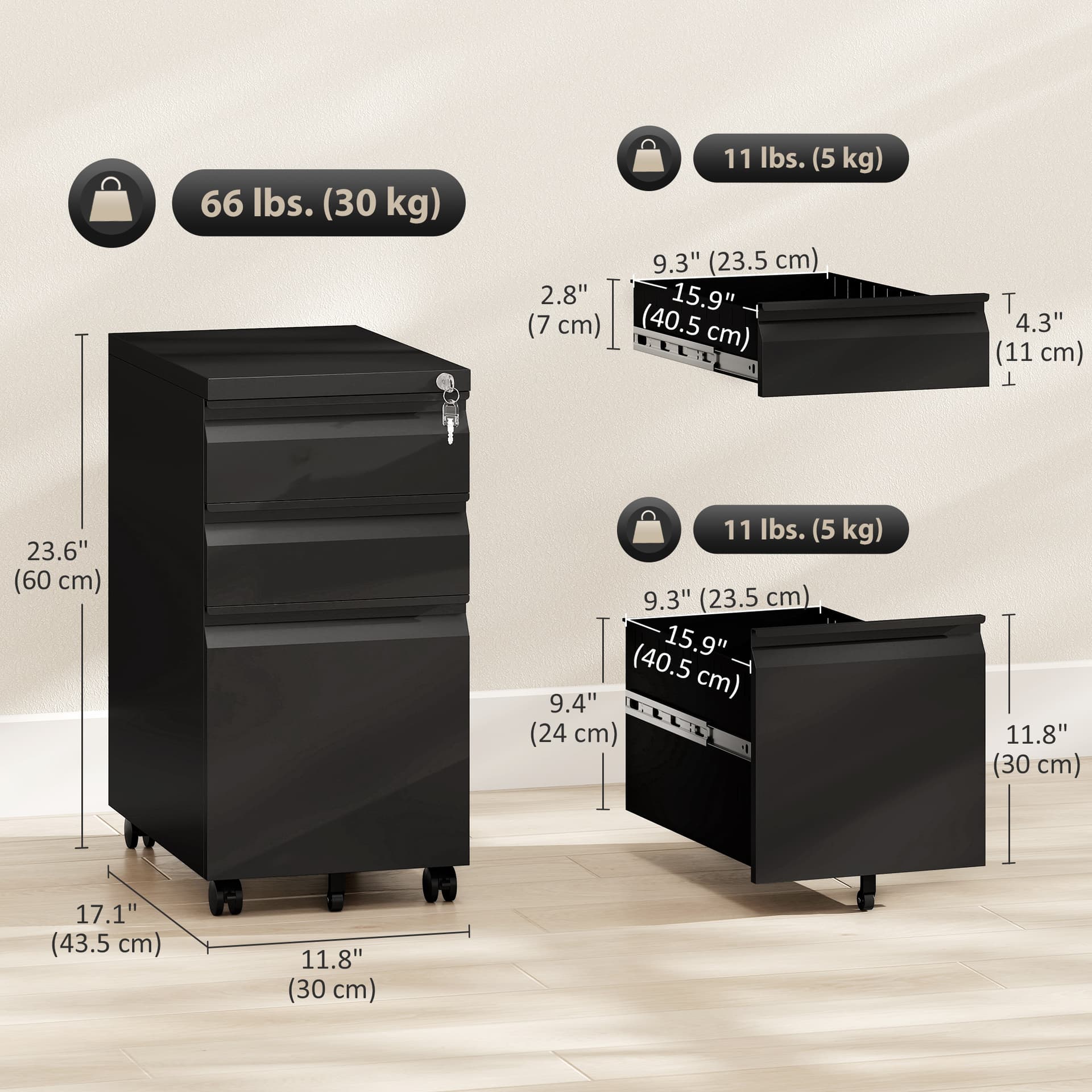 3 Drawer Filing Cabinet with Lock, Steel Office Storage Cabinet with Hanging Bar for A4, Legal, Letter Files, Black