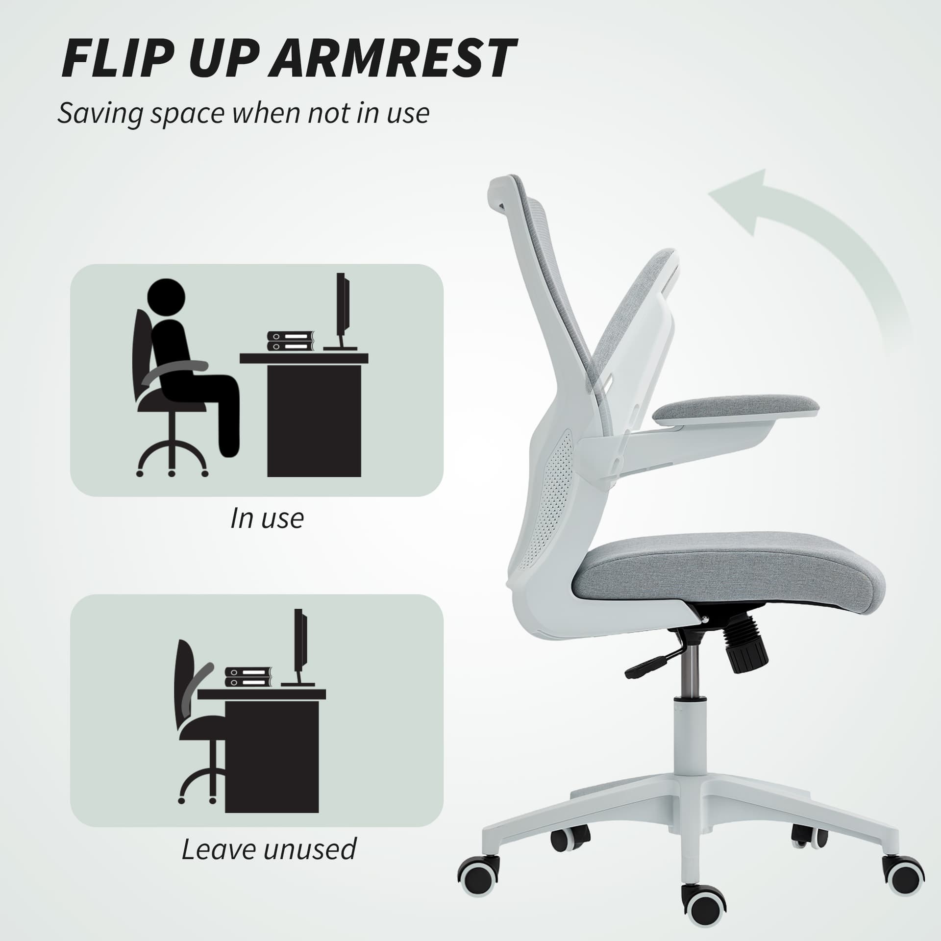 Ergonomic Office Chair, Swivel Desk Chair with Adjustable Lumbar Support and Height, Flip-up Armrests, Wheels, Grey