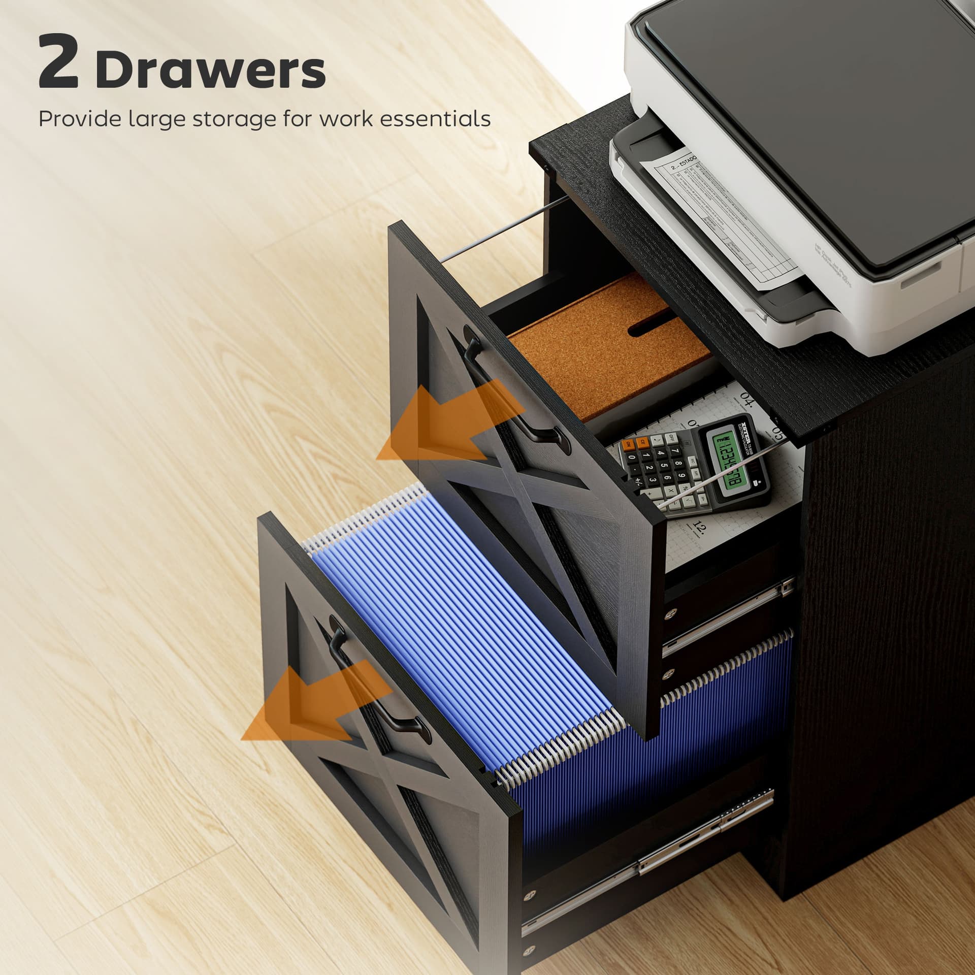 2 Drawer File Cabinet with Silent Slides, Vertical Farmhouse Filing Cabinet Fits Letter/A4 Size Home Office, Black