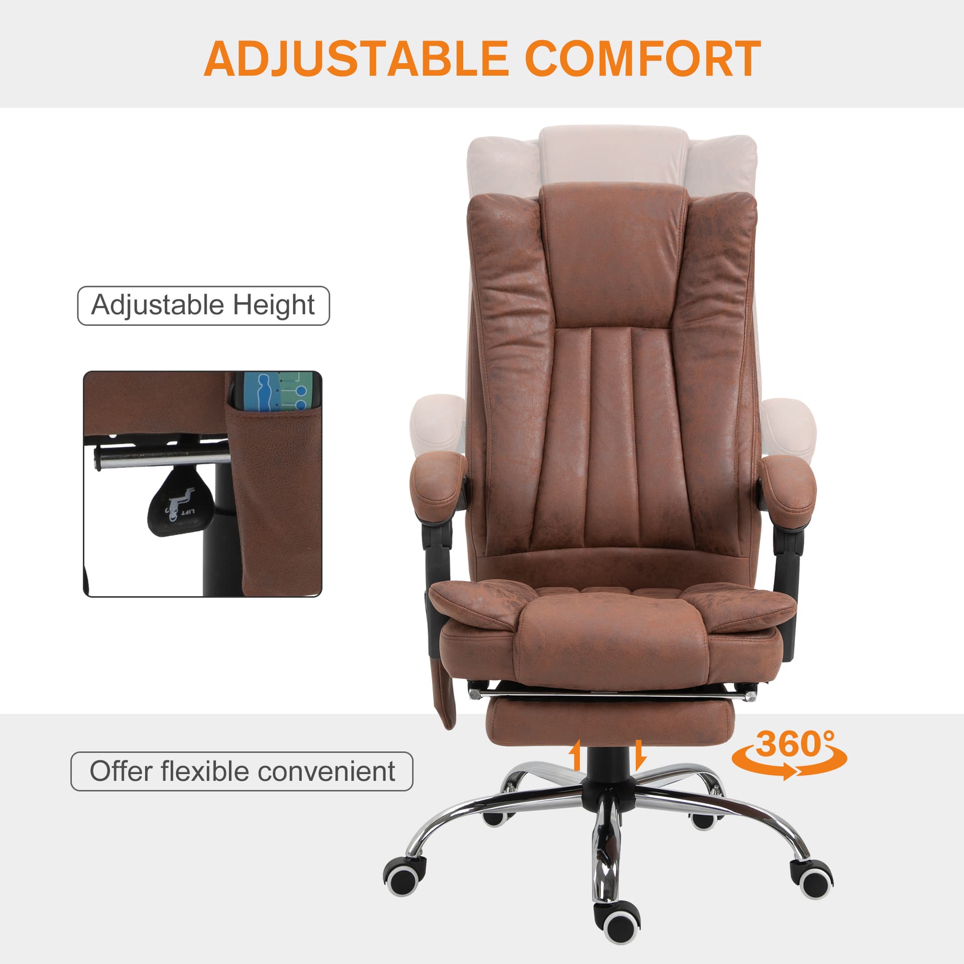 Office Chair 6-point Vibration Massage Chair Micro Fiber Recliner with Retractable Footrest Brown