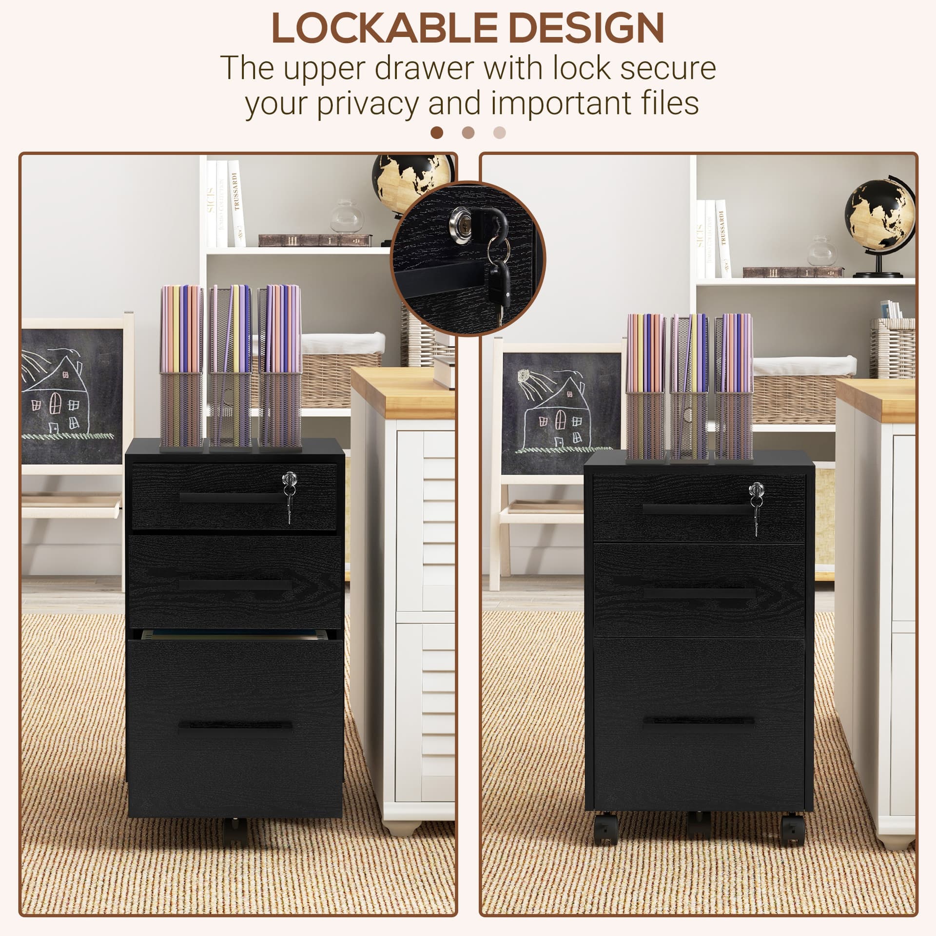 Lockable Vertical File Cabinet with Lock, 3 Drawer Filing Cabinet with Hanging Bars for Letter and A4 Size, Black
