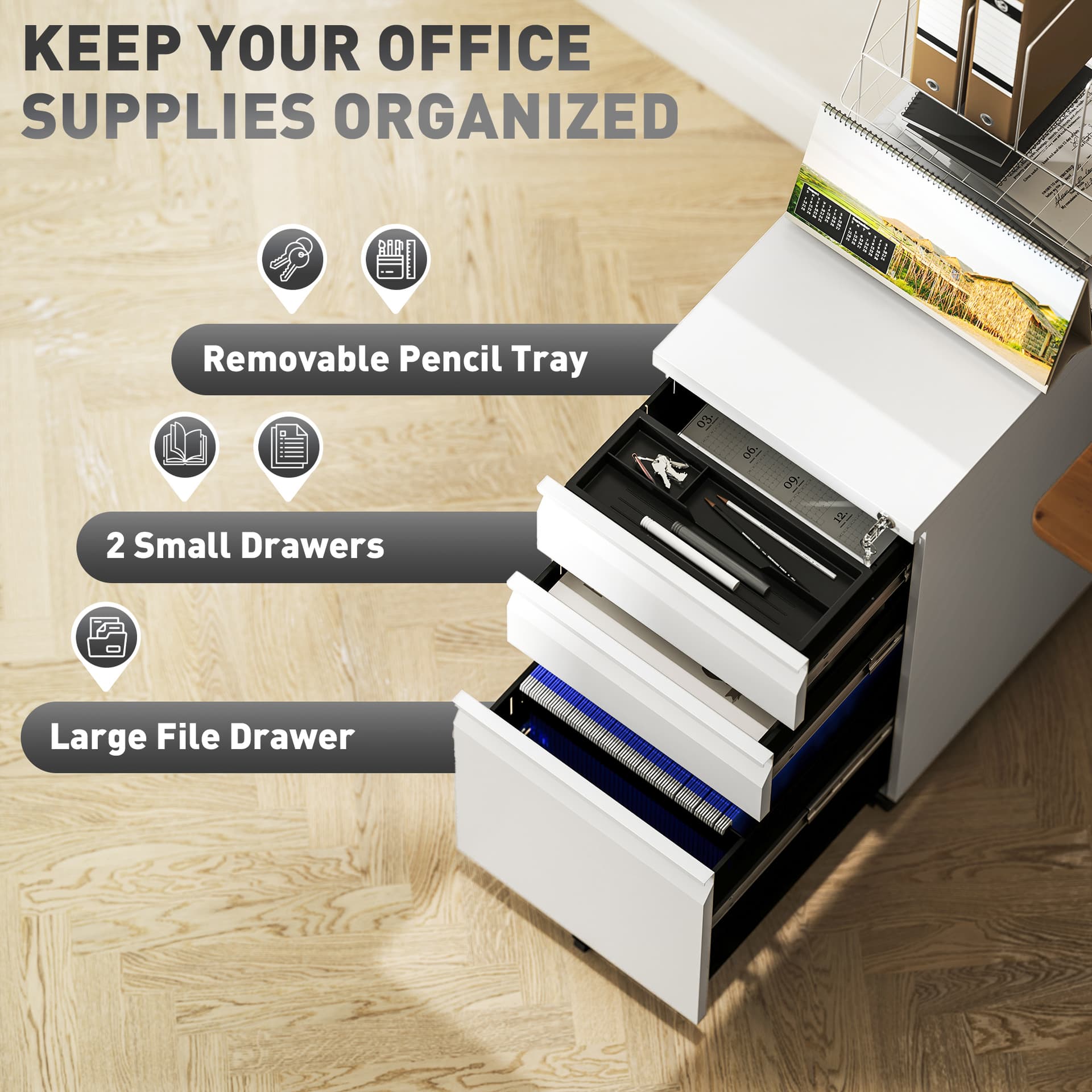 3 Drawer Filing Cabinet with Lock, Steel Office Storage Cabinet with Hanging Bar for A4, Legal, Letter Files, White