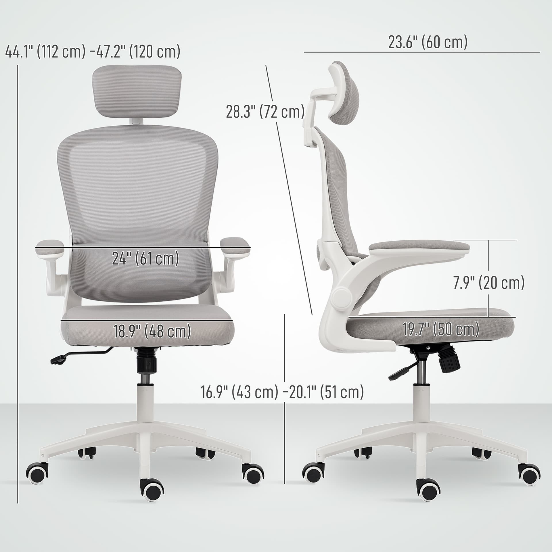 Ergonomic Mesh Office Chair, High Back Desk Chair with Rotatable Headrest, Flip-Up Armrests, Lumbar Support, Grey