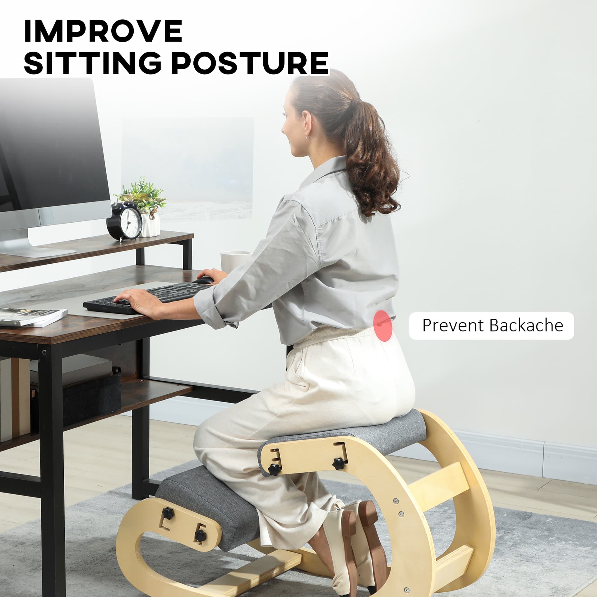 Ergonomic Kneeling Chair, Adjustable Rocking Wood Kneeling Stool, Desk Chair, Improve Posture, Grey