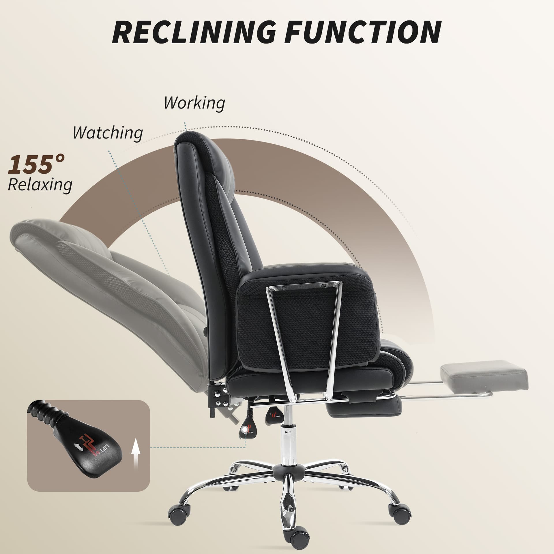 Reclining Office Chair, Overstuffed Executive Desk Chair with High Back, PU Leather, Footrest, Swivel Wheels, Black