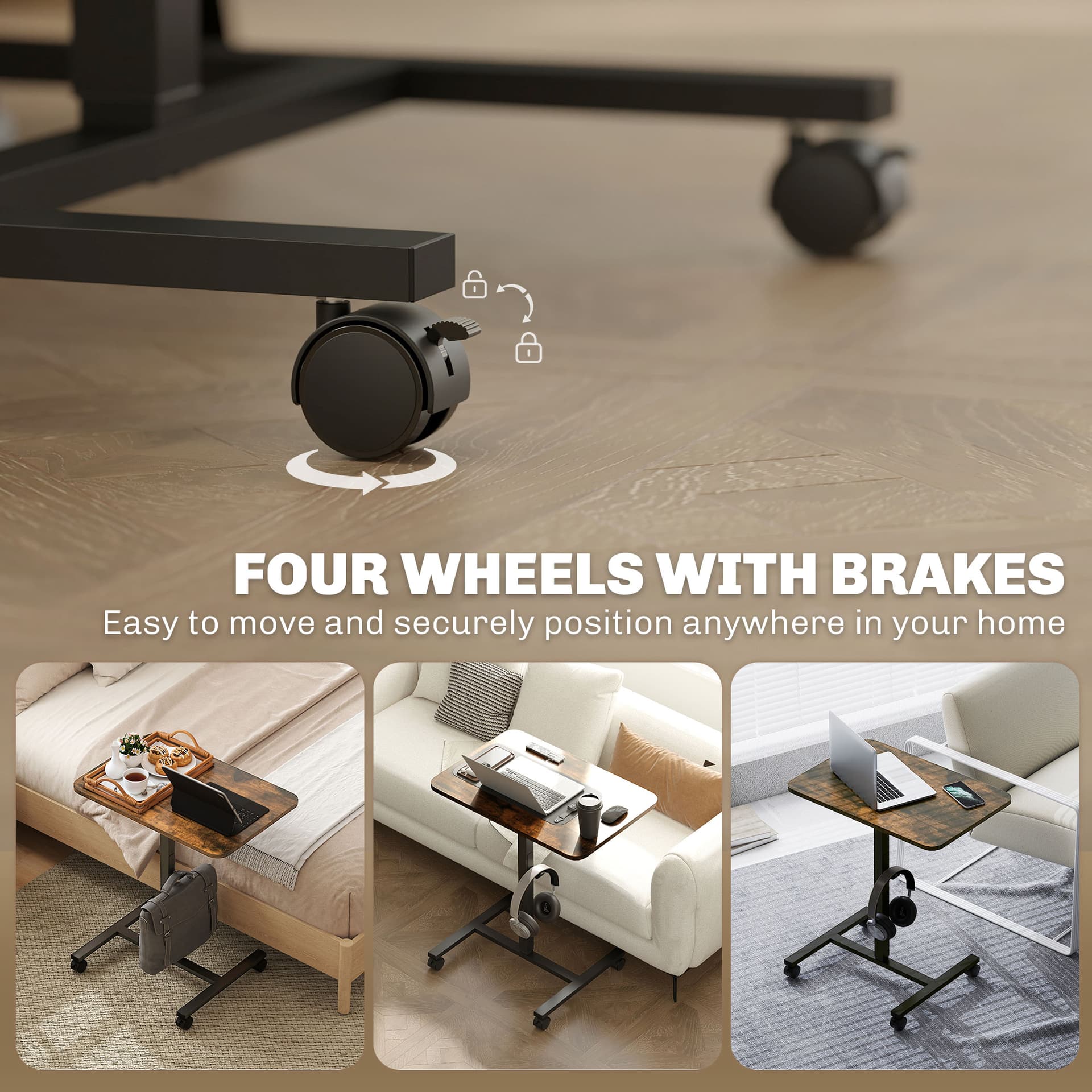 Height Adjustable Standing Desk, Pneumatic Sit Stand Desk with Wheels and Headphone Hook, Rustic Brown - Office Desks & Work Stations - Office Furniture