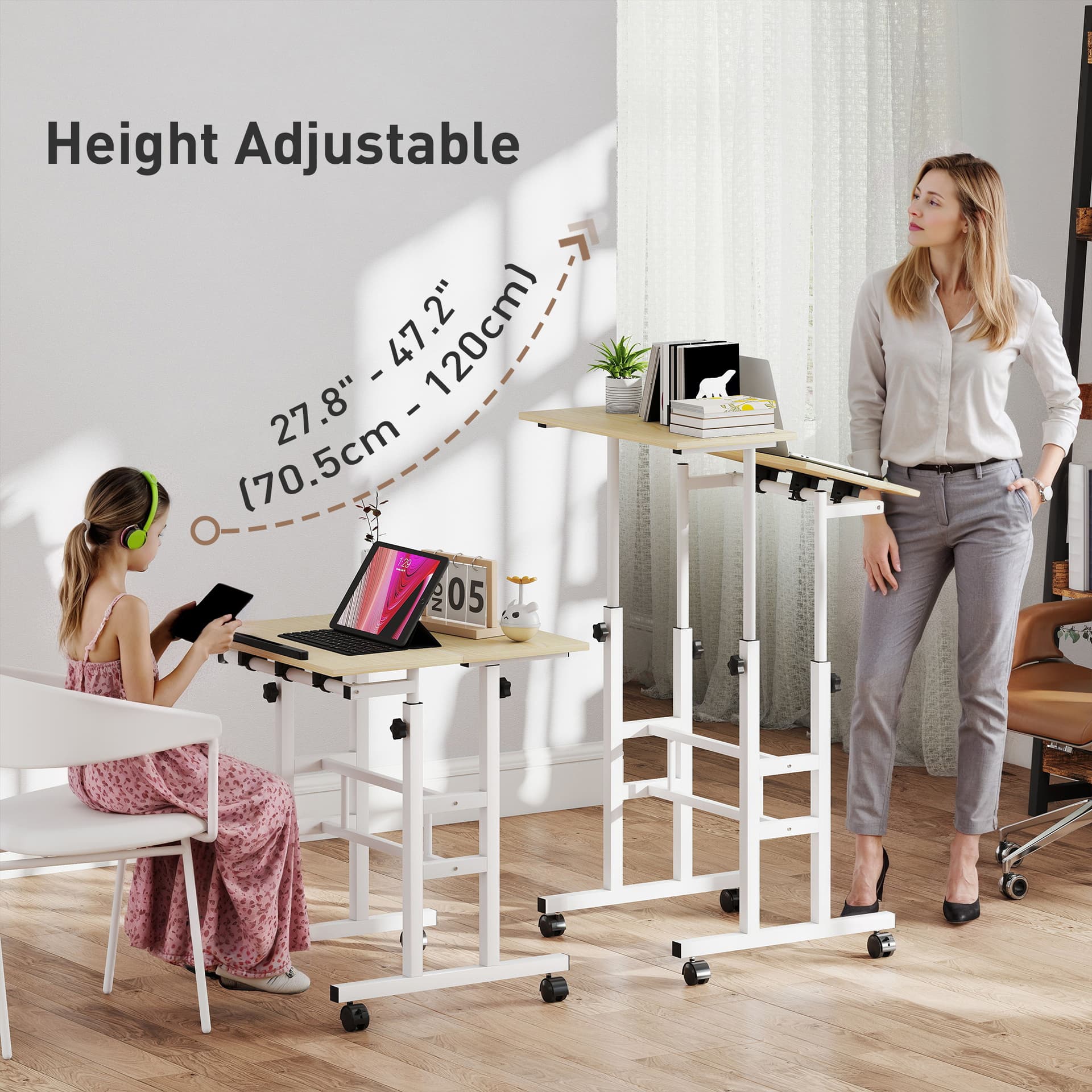 Stand Up Desk, Height & Angle Adjustable Computer Desk with Wheels for Standing or Sitting, Laptop Table, Natural