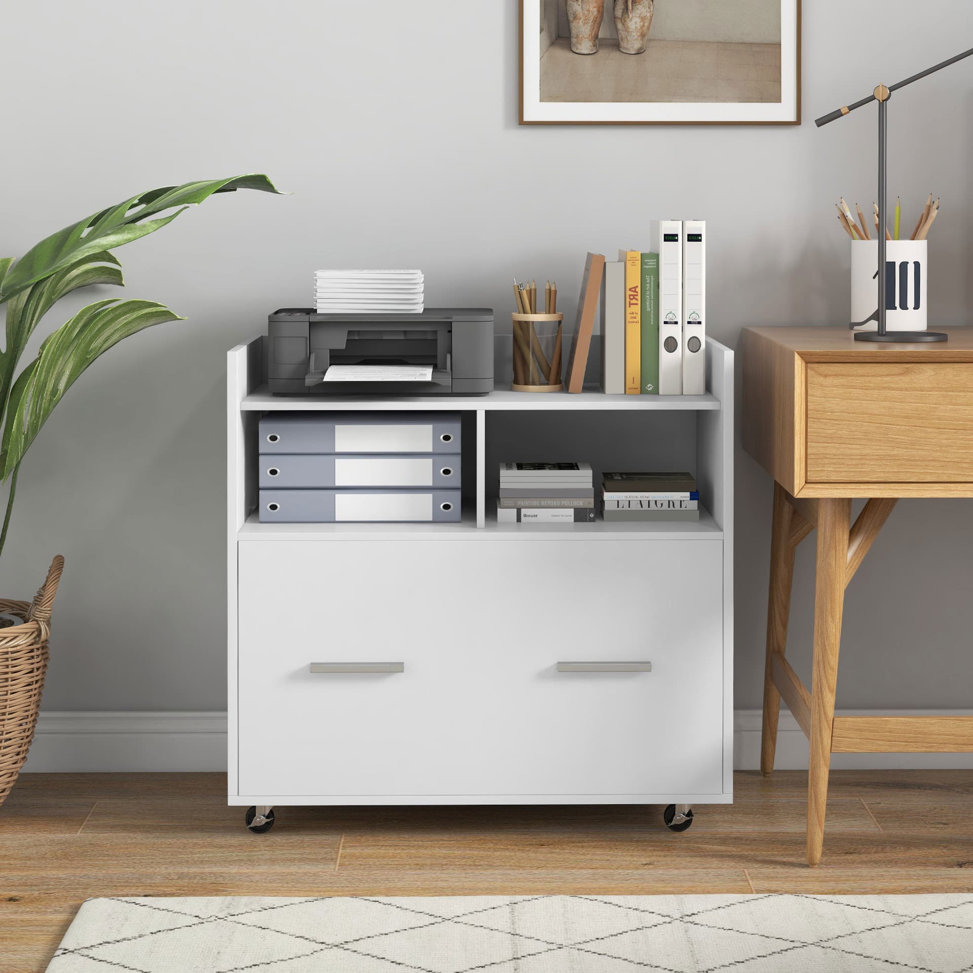 Mobile Filing Cabinet, Rolling File Cabinet with Drawer and Adjustable Hanging Bar for Letter, A4 and Legal Size, White