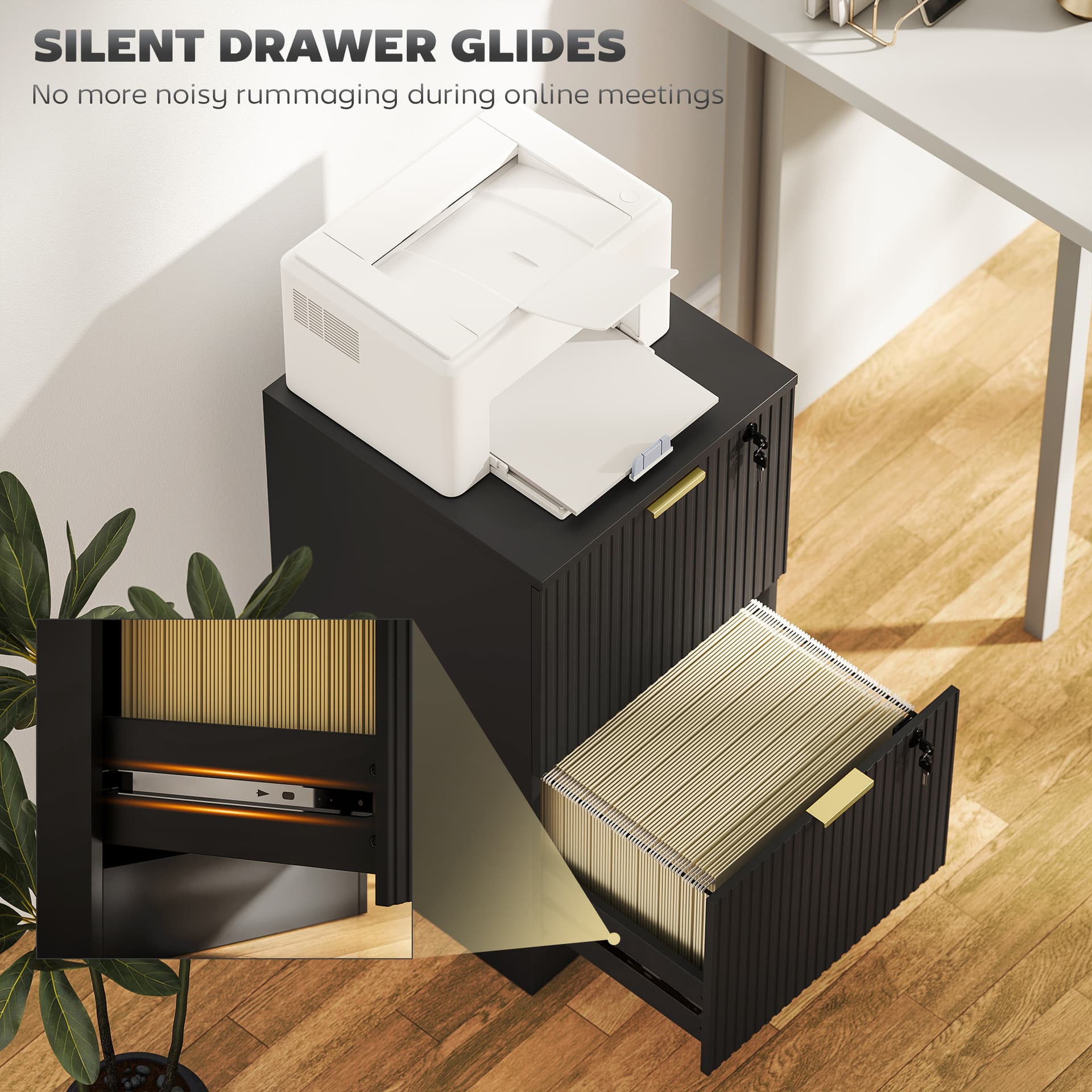 Lockable Filing Cabinet with 2 Fluted Drawers, File Cabinet with Adjustable Hanging Rails for A4 Letter Files, Black