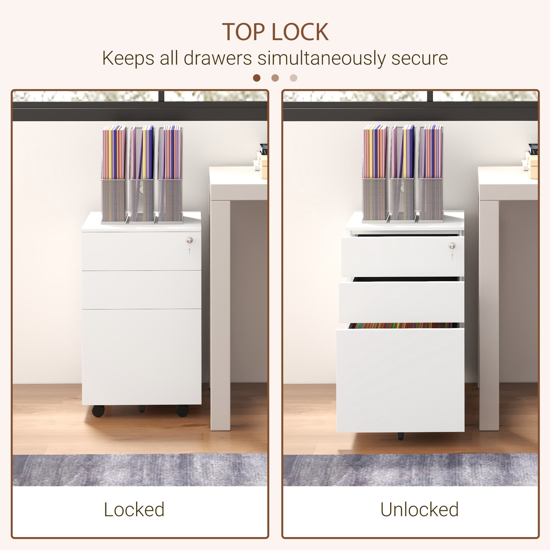 Vertical Steel Filing Cabinet on Wheels, 3-Drawer Lockable File Cabinet with Adjustable Hanging Bar for A4, Legal and Letter Size, for Home Office, White