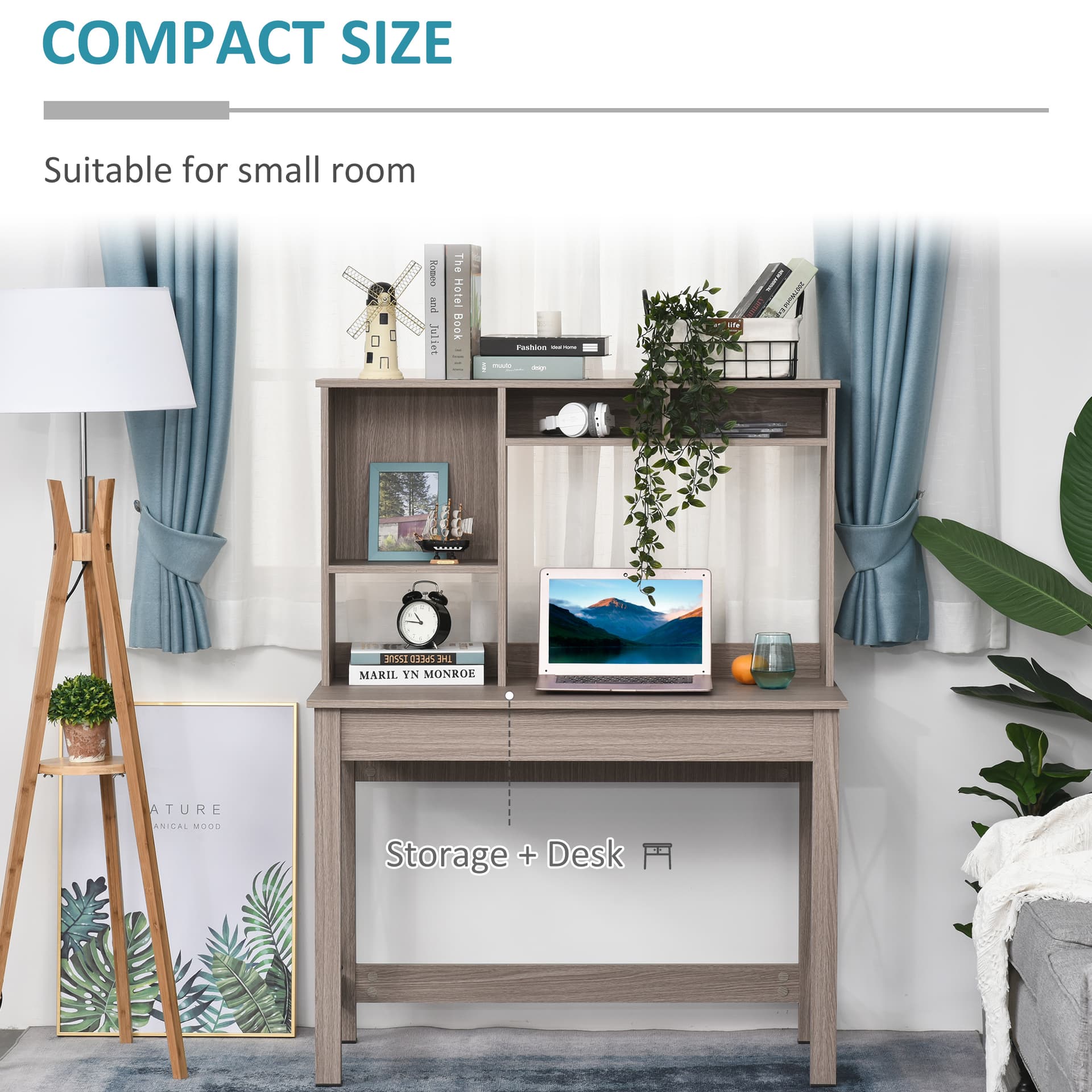 Computer Desk with Hutch, Home Office Table with Storage Shelves and Open Compartments for Writing, Work, Brown