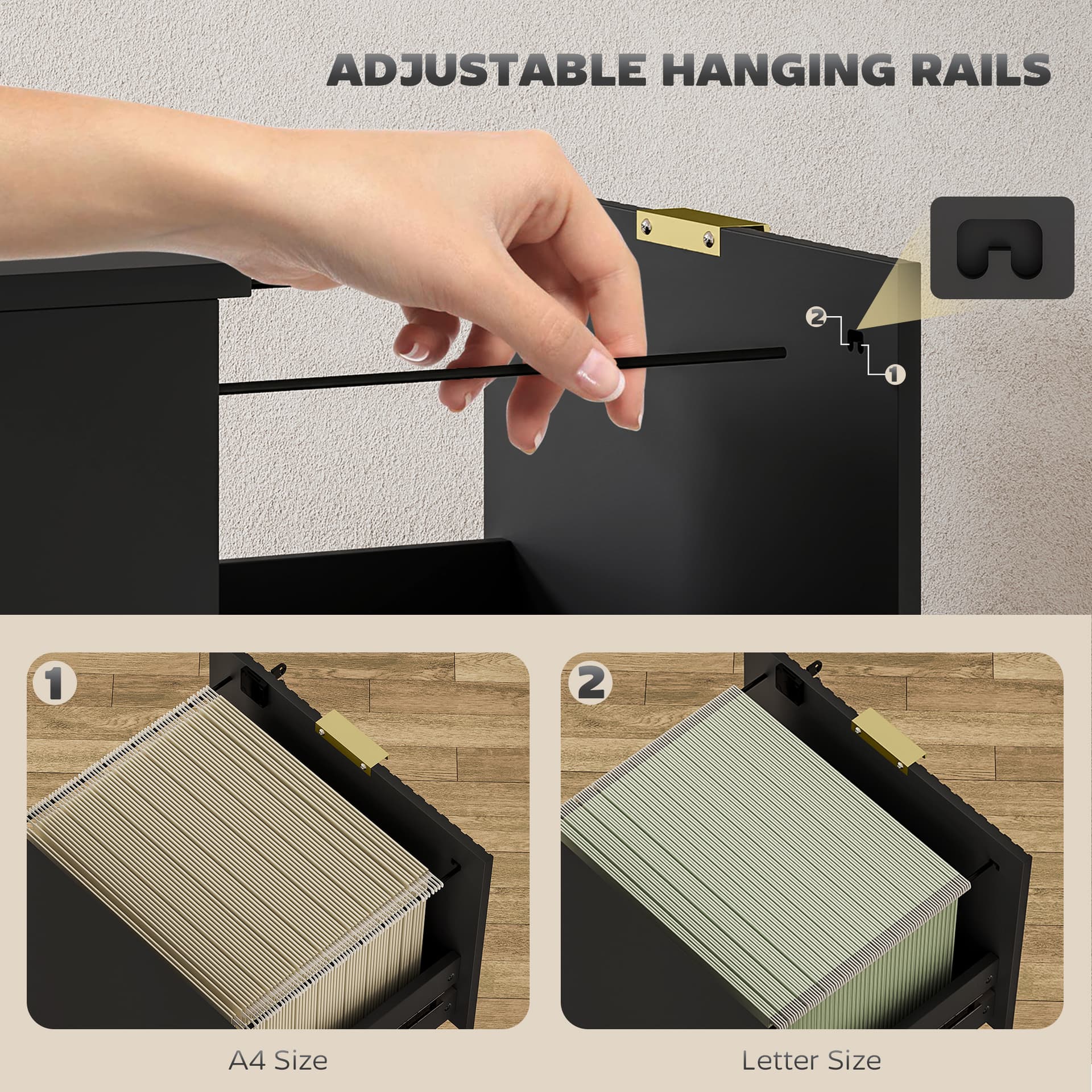 Lockable Filing Cabinet with 3 Fluted Drawers, File Cabinet with Adjustable Hanging Rails for A4 Letter Files, Black