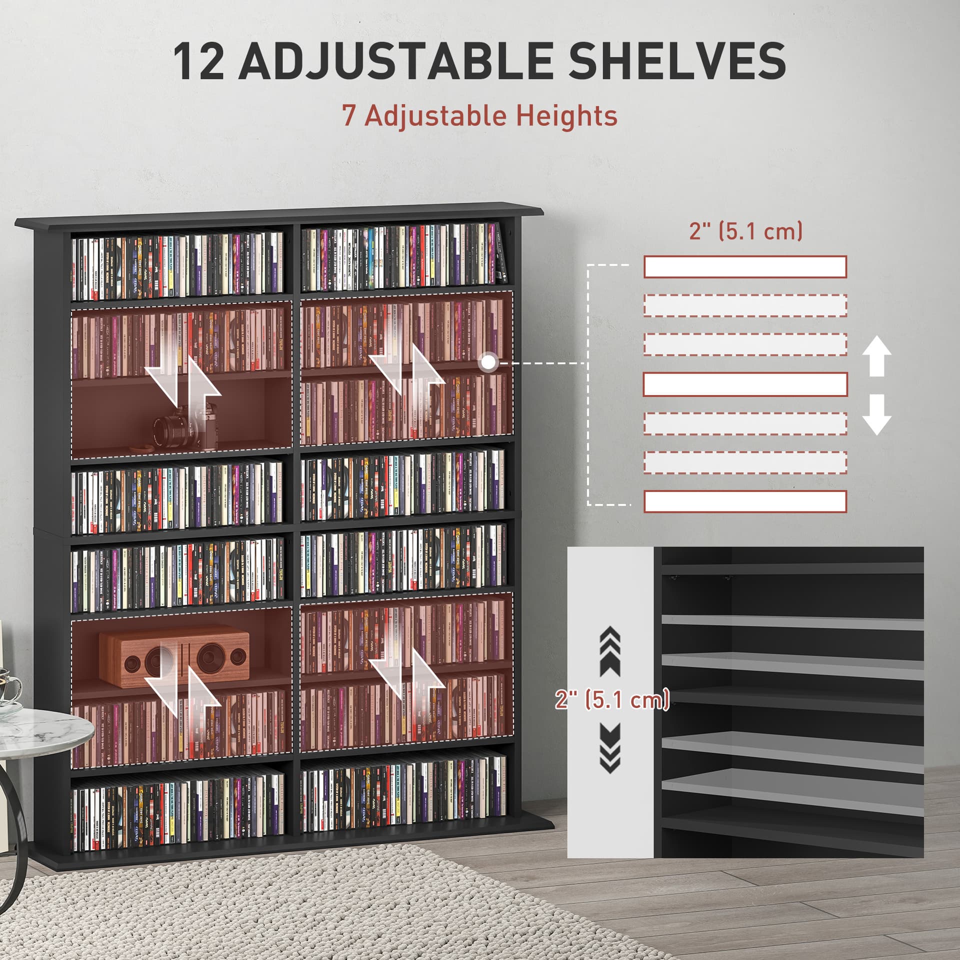 8-Tier DVD Shelf with 12 Adjustable Shelves, Double CD Shelf, Holds 720 CDs, 396 DVDs or 396 Blu-rays, Black