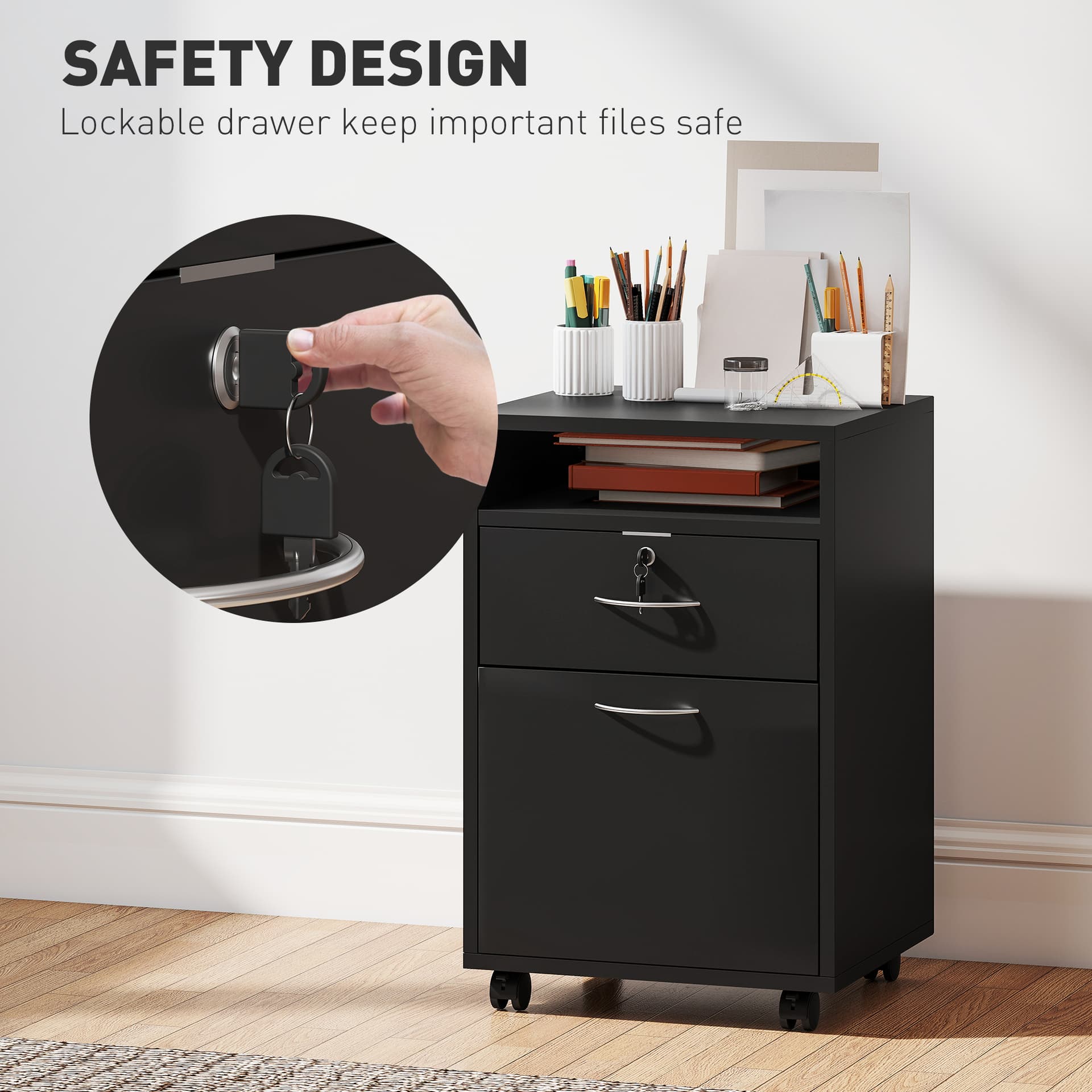 24" Small Filing Cabinet with Open Compartment, Drawer and Wheels, Home Office Storage Cabinet, Black
