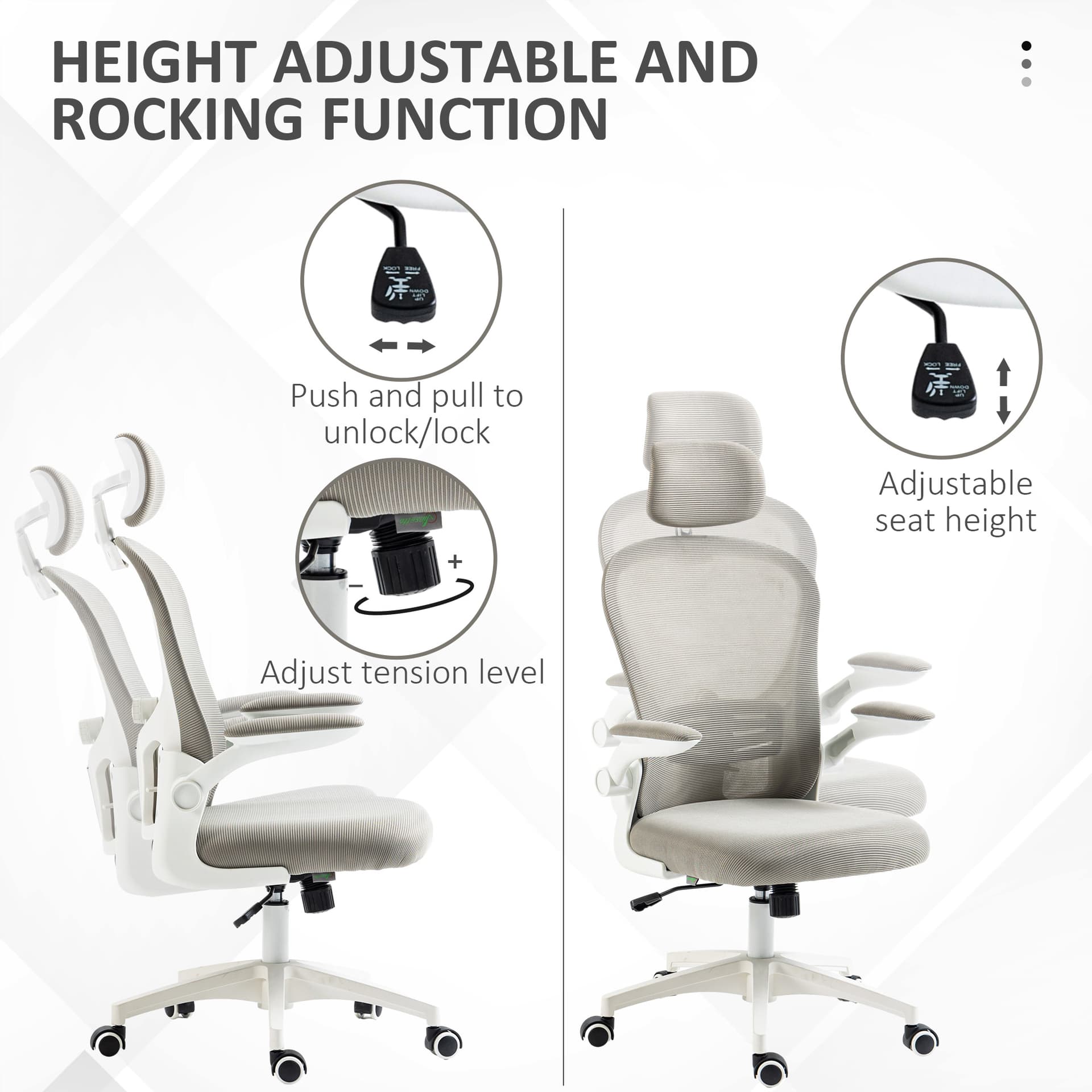 Office Chair, Mesh Computer Desk Chair with Adjustable Headrest, 4D Lumbar Support, Flip-up Arm, Grey