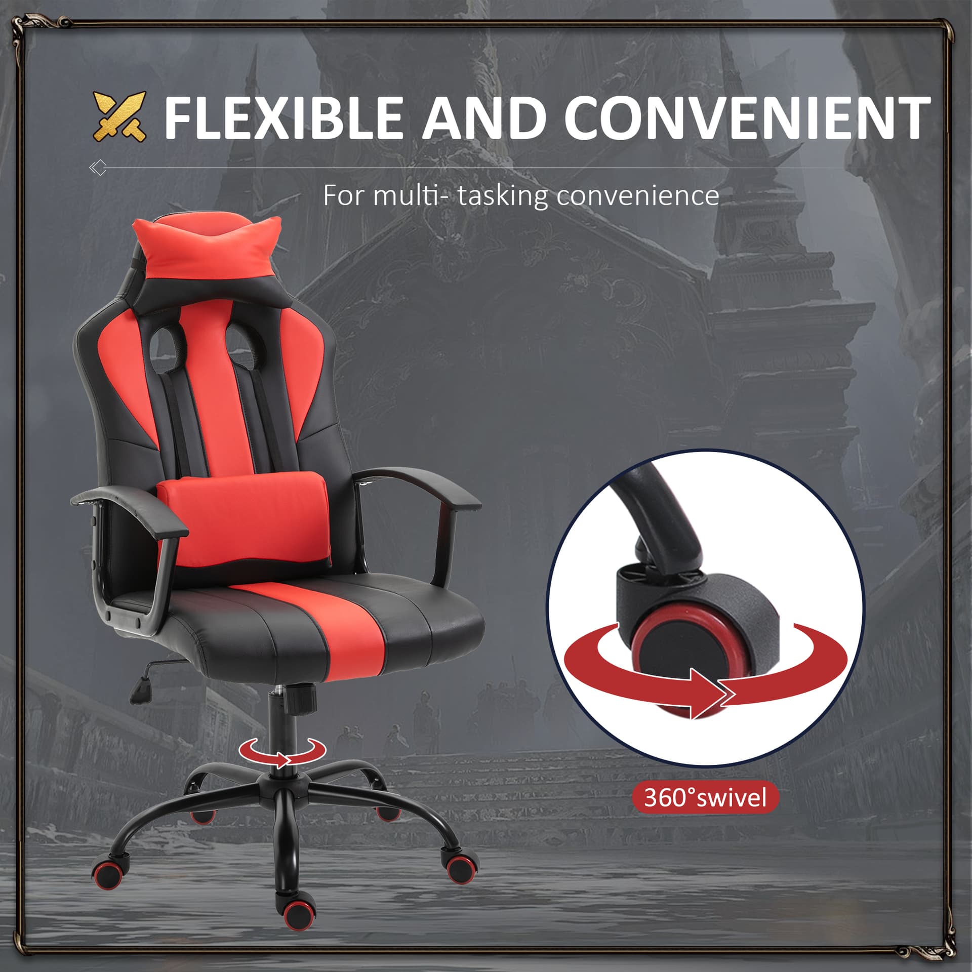 Office Chair High Back Racing Style Gaming Chair Adjustable PU Leather Swivel Computer Task Seat with Lumbar Support and Pillow Red