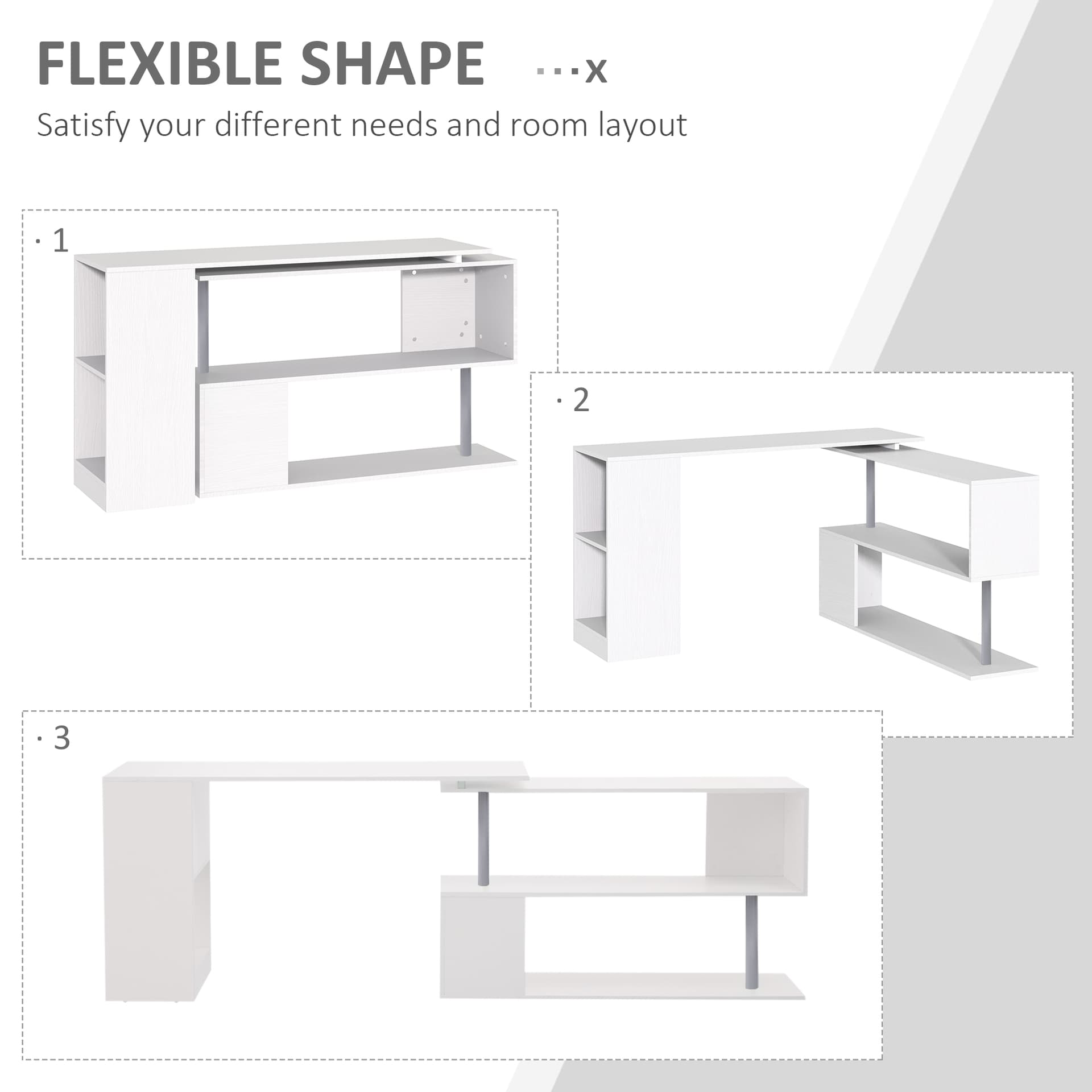 55" Corner Computer Desk, 360° Rotating L-Shaped Desk, Home Office Workstation with 3-Tier Shelves, Bookshelf, White
