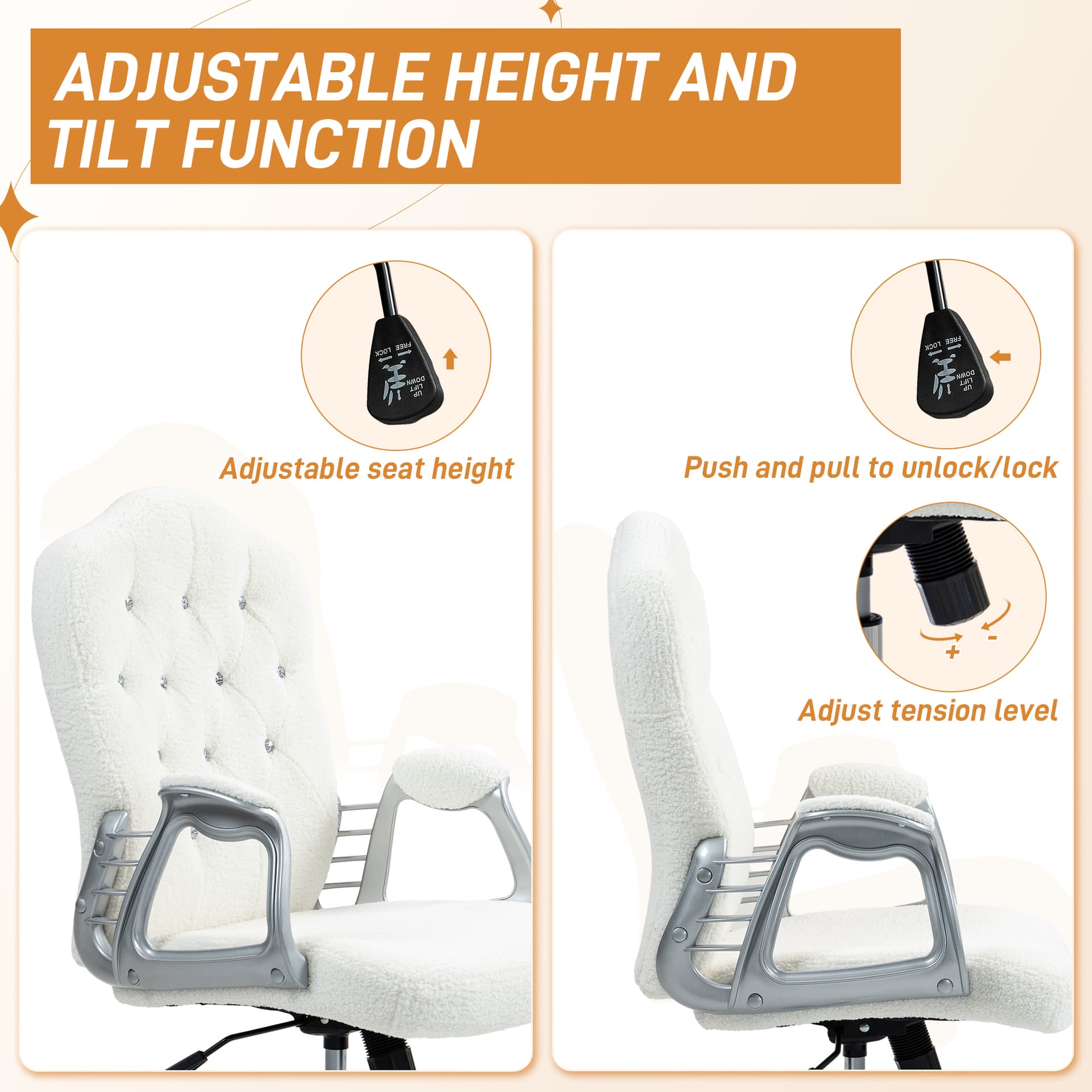 Teddy Fleece Computer Chair, Button Tufted Desk Chair with Swivel Wheels, Adjustable Height White