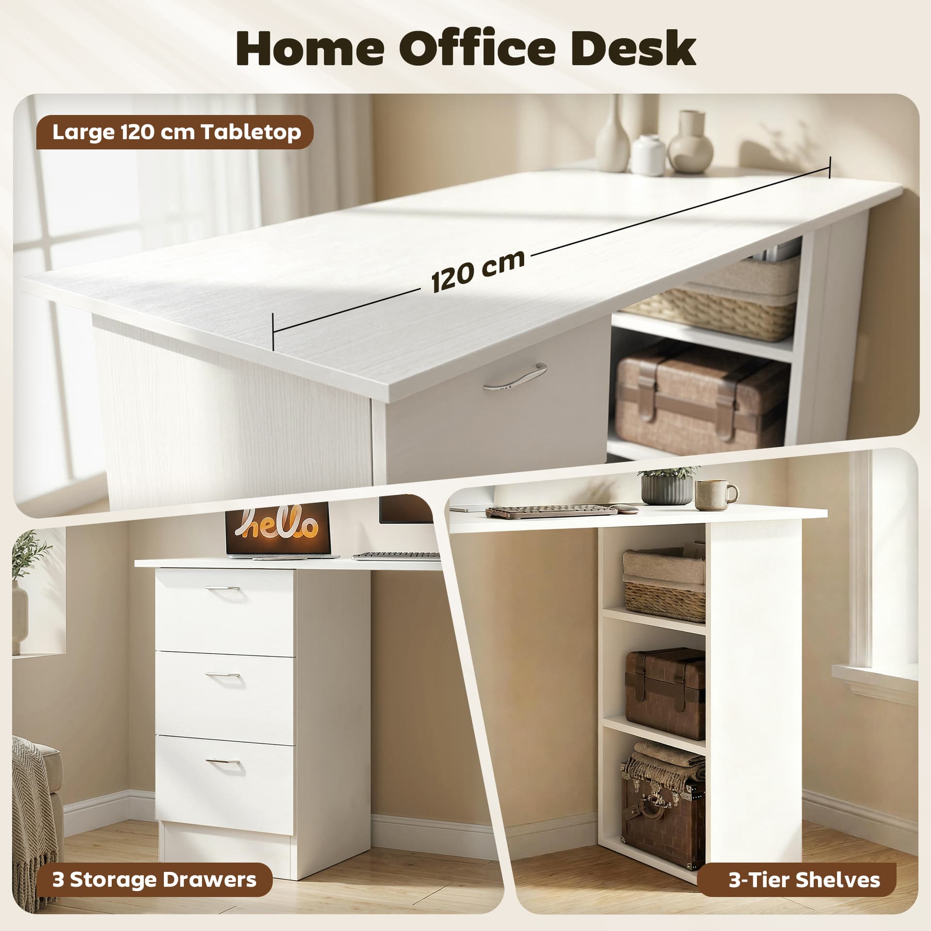 Computer Desk, 47" Writing Table with 3-Tier Shelves and 3 Reversible Drawers for Home Office, Bedroom, White