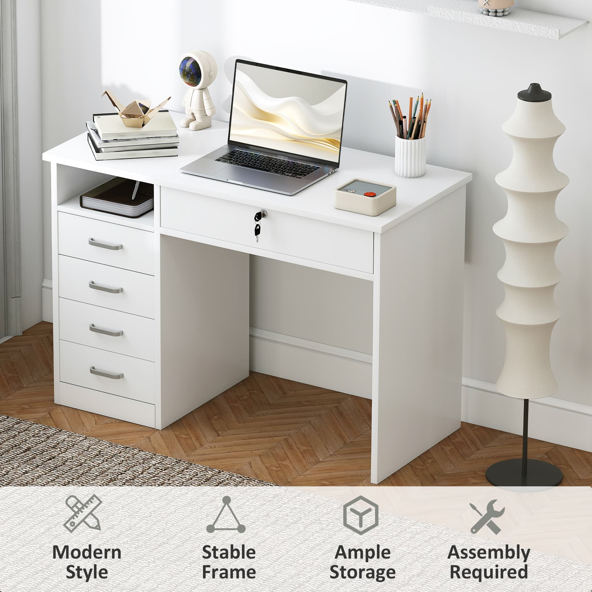 Home Office Desk with Storage, Computer Desk with Lockable Drawer and Open Compartment, White