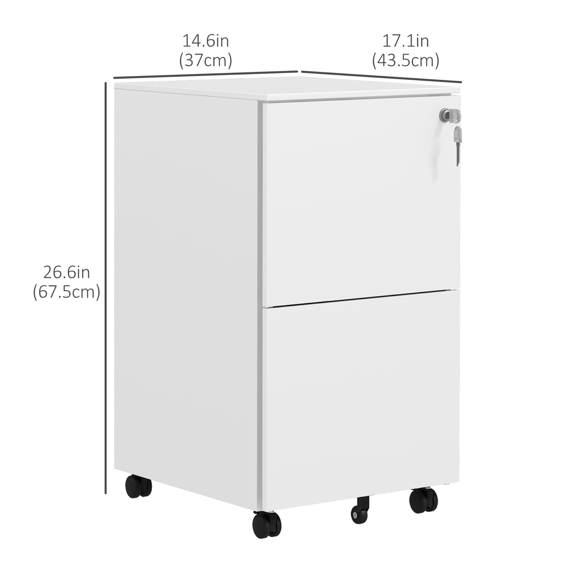 Vertical Steel Filing Cabinet on Wheels, 2-Drawer Lockable File Cabinet with Adjustable Hanging Bar for A4, Legal and Letter Size, White