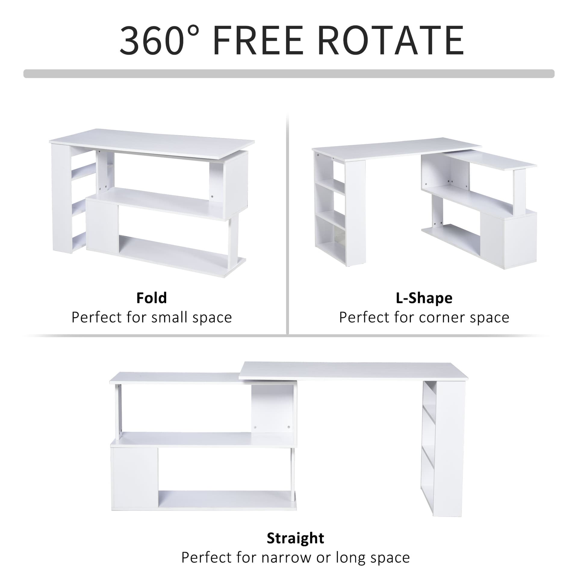 47" L Shaped Desk, 360° Rotating Corner Desk, Reversible Computer Writing Table Workstation with Storage Shelf for Home Office, White