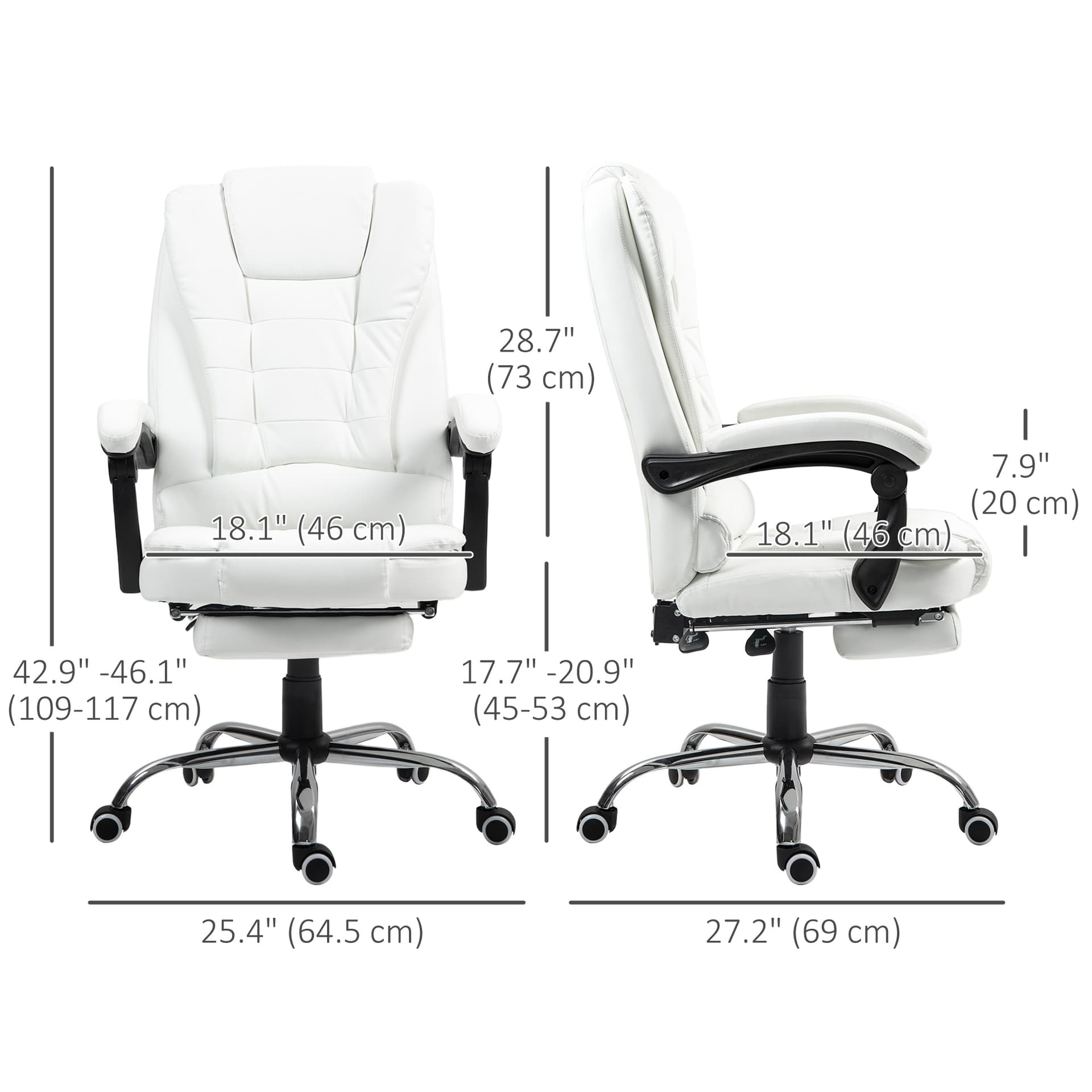High Back Office Chair PU Leather Executive Office Chair with Retractable Footrest Padded Armrest White