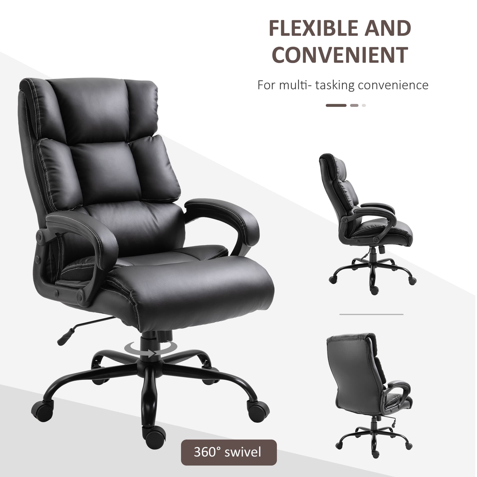Ergonomic Heavy-Duty Office Chair with Adjustable Height, PU Leather, Rocker, 360° Swivel, 400lbs Capacity, Black