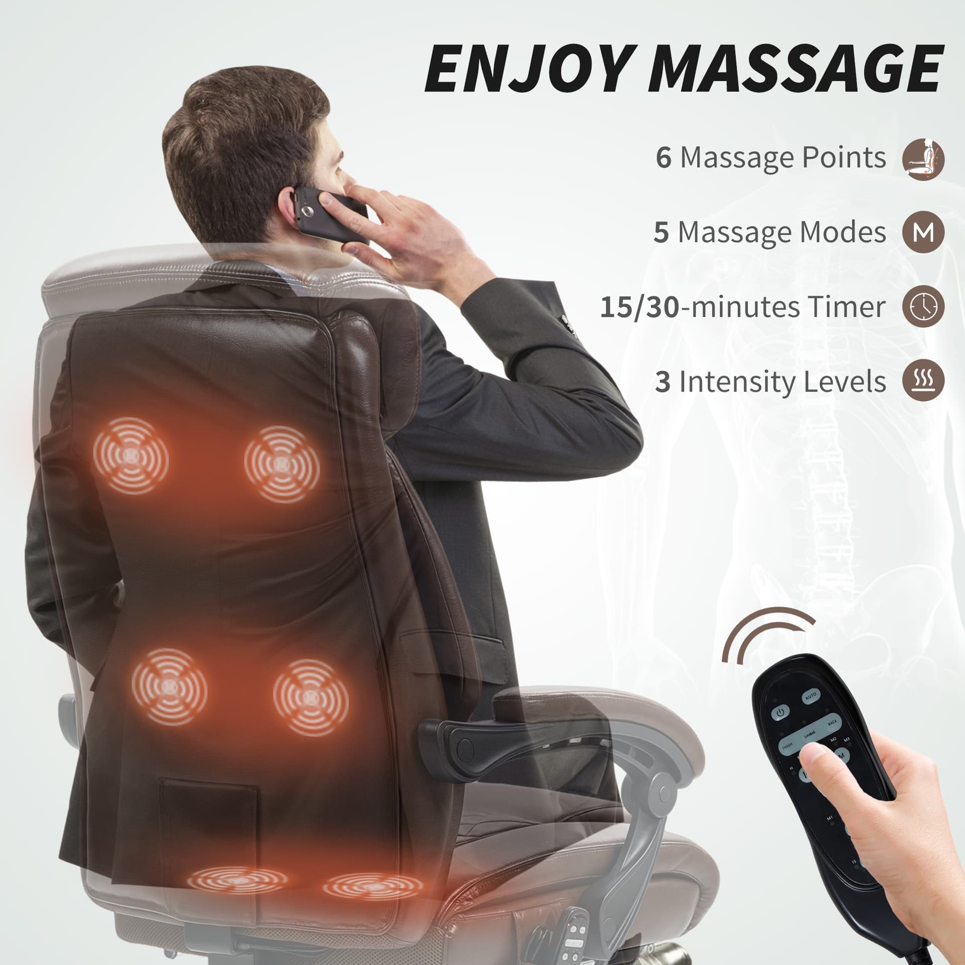 6 Point Massage Office Chair with Remote, Ergonomic Reclining Computer Desk Chair with Footrest, Side Pocket, Dark Brown