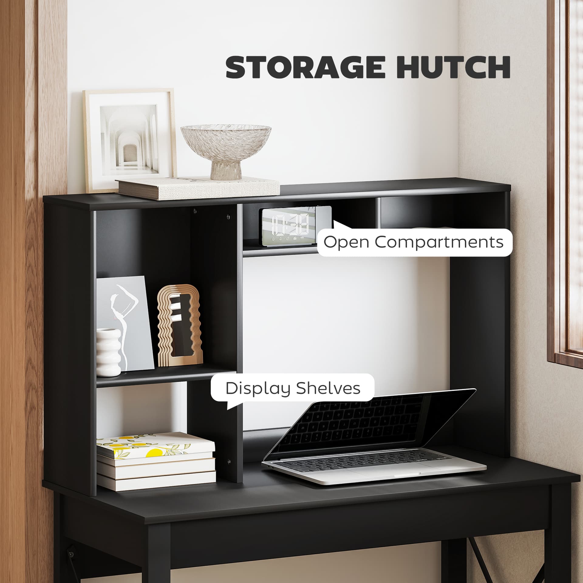 Computer Desk with Hutch, Home Office Table with Storage Shelves and Open Compartments for Writing, Work, Black