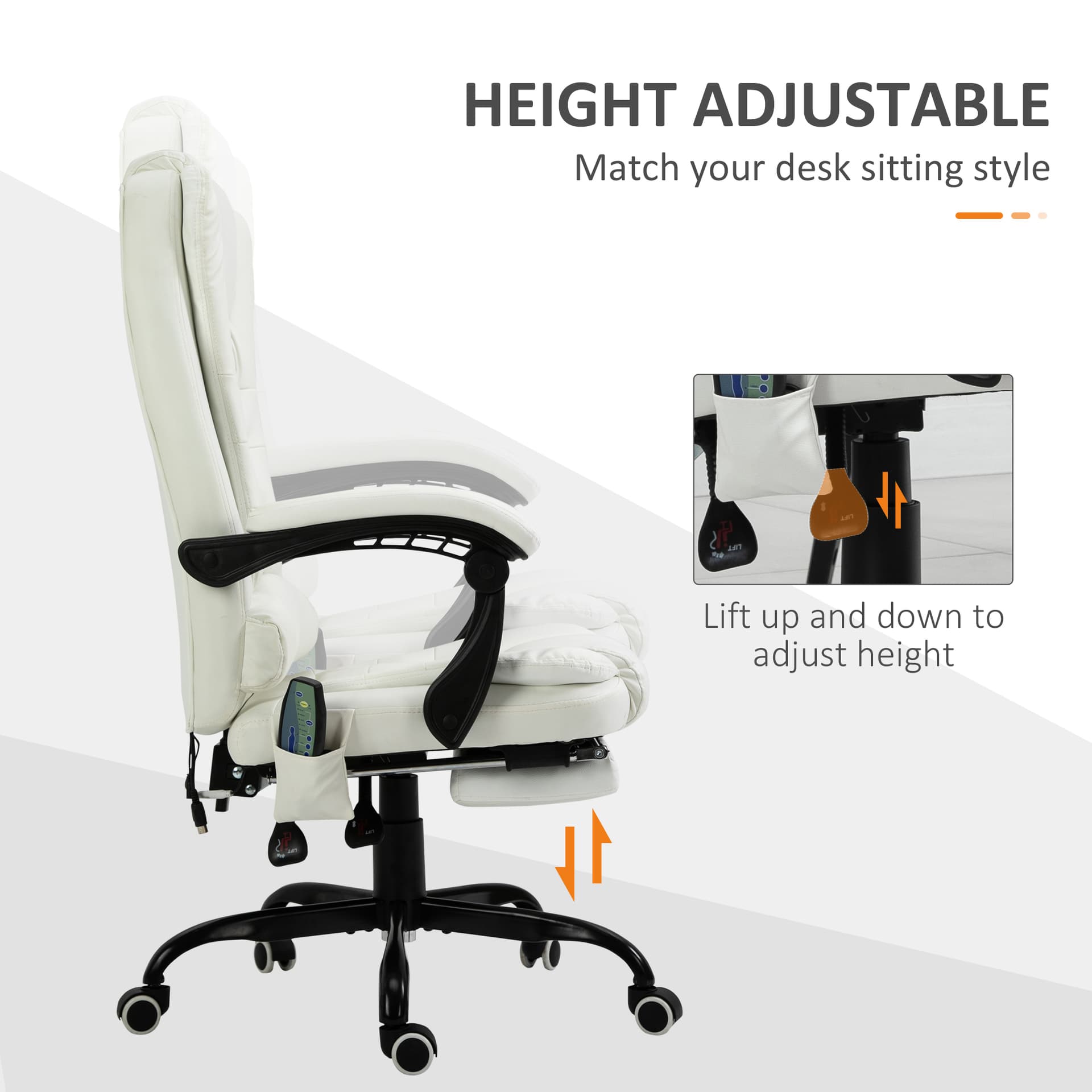 7-Point Vibrating Massage Chair, Reclining Office Chair with Footrest, Reclining Back, Adjustable Height, White