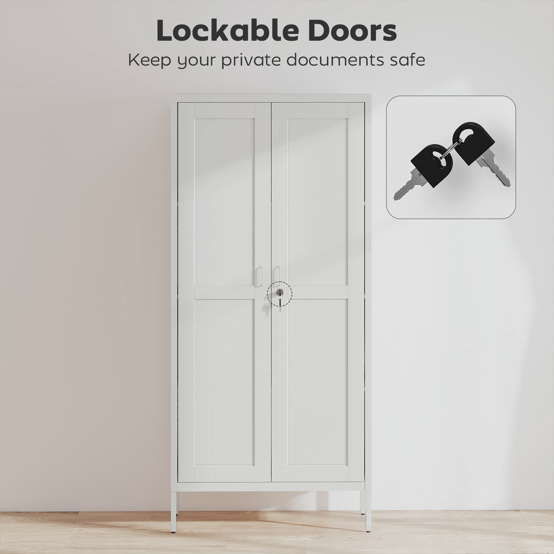 Office Storage Cabinet, Lockable Filing Cabinet with 3 Adjustable Shelves and 2 Doors for Home Office, Garage, White