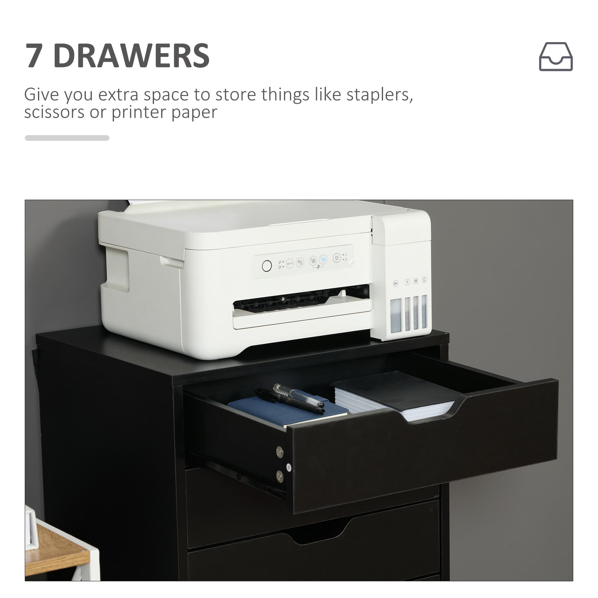 7-drawer Vertical File Cabinet for Home Office, Storage Cabinet with Wheels, 18.7"x15.6"x35.4", Black