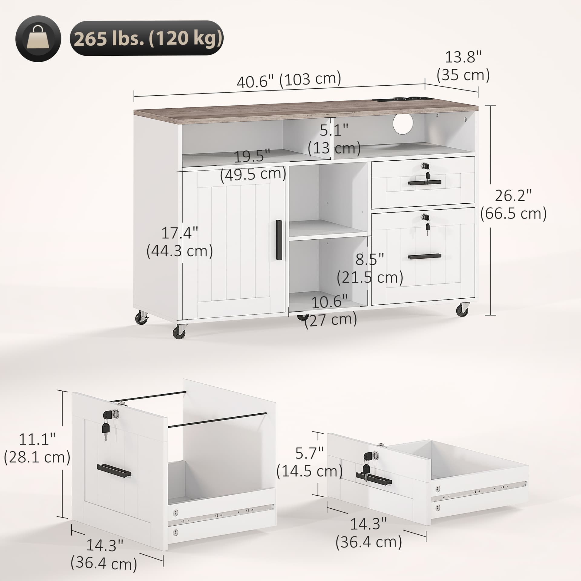 Mobile Printer Stand with Charging Station and USB Ports, Locking Filing Cabinet for A4 and Letter Size, White