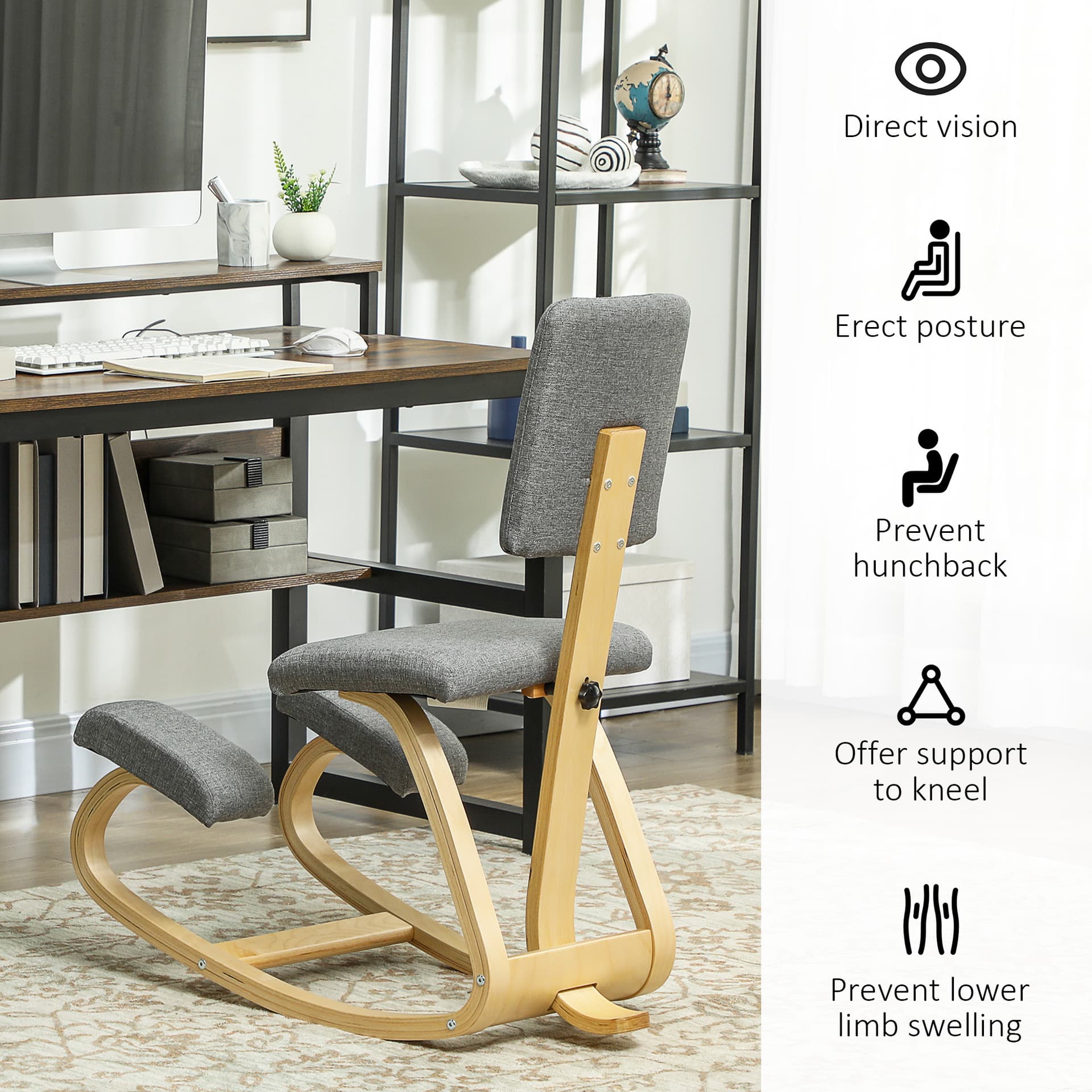 Ergonomic Kneeling Chair, Rocking Wood Kneel Stool with Backrest for Improve Posture, Back Pain, Grey