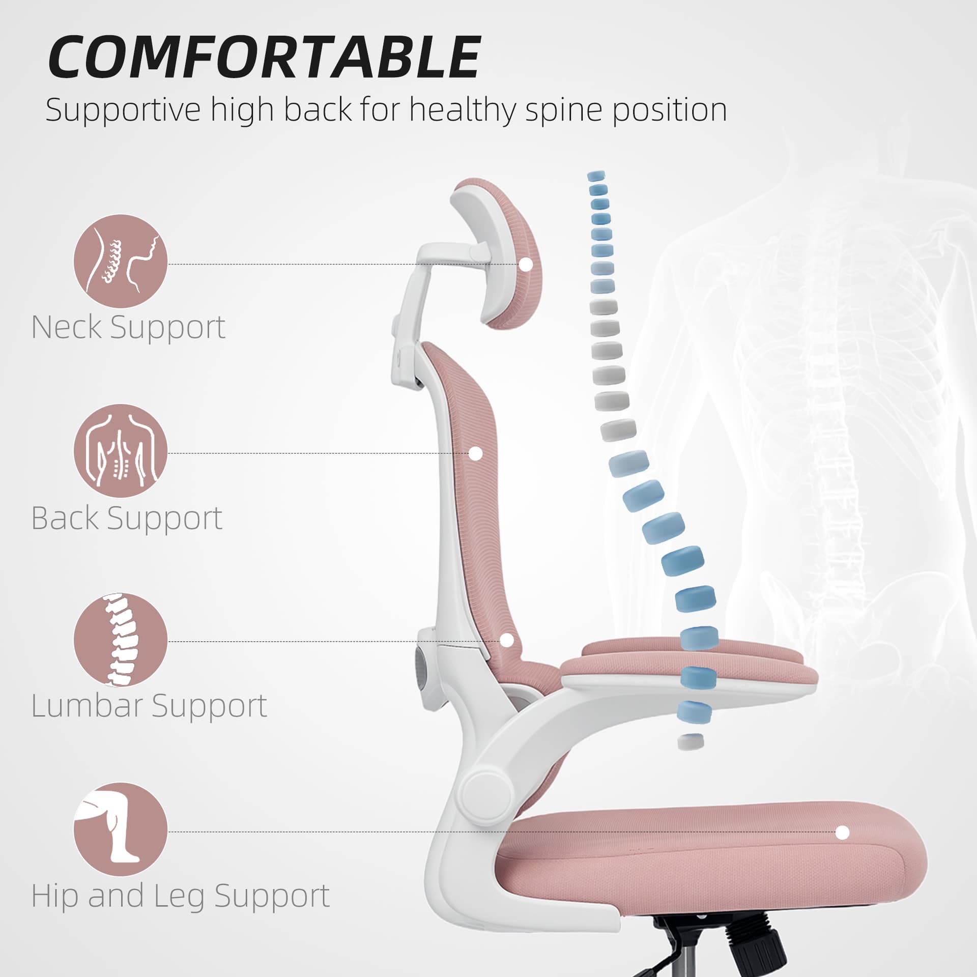Ergonomic Mesh Office Chair, High Back Desk Chair with Rotatable Headrest, Flip-Up Armrests, Lumbar Support, Pink
